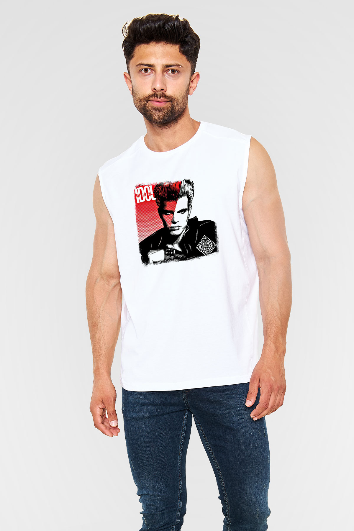 Billy Idol Baskılı Unisex Beyaz Kolsuz Tişört