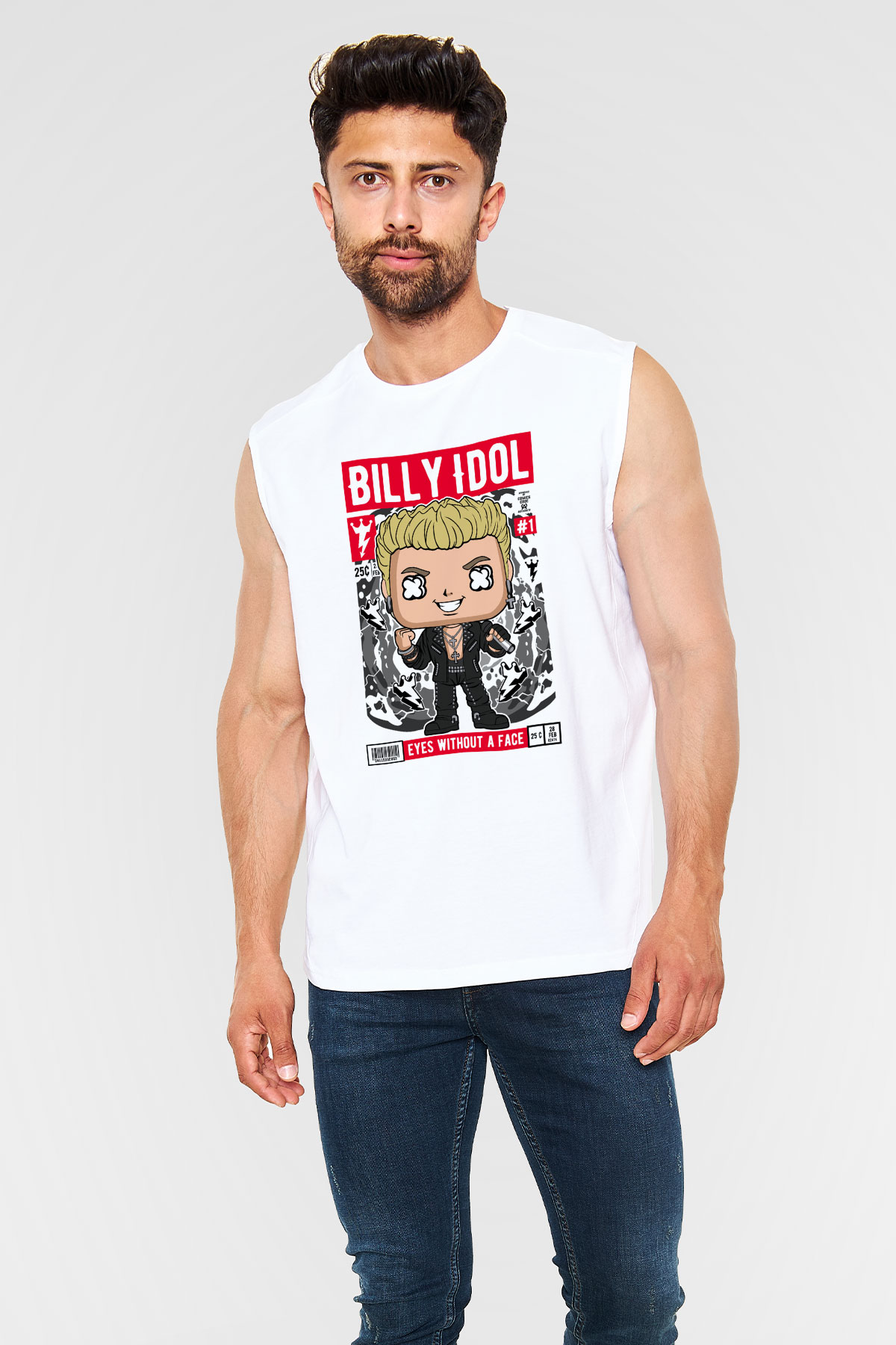 Billy Idol Baskılı Unisex Beyaz Kolsuz Tişört
