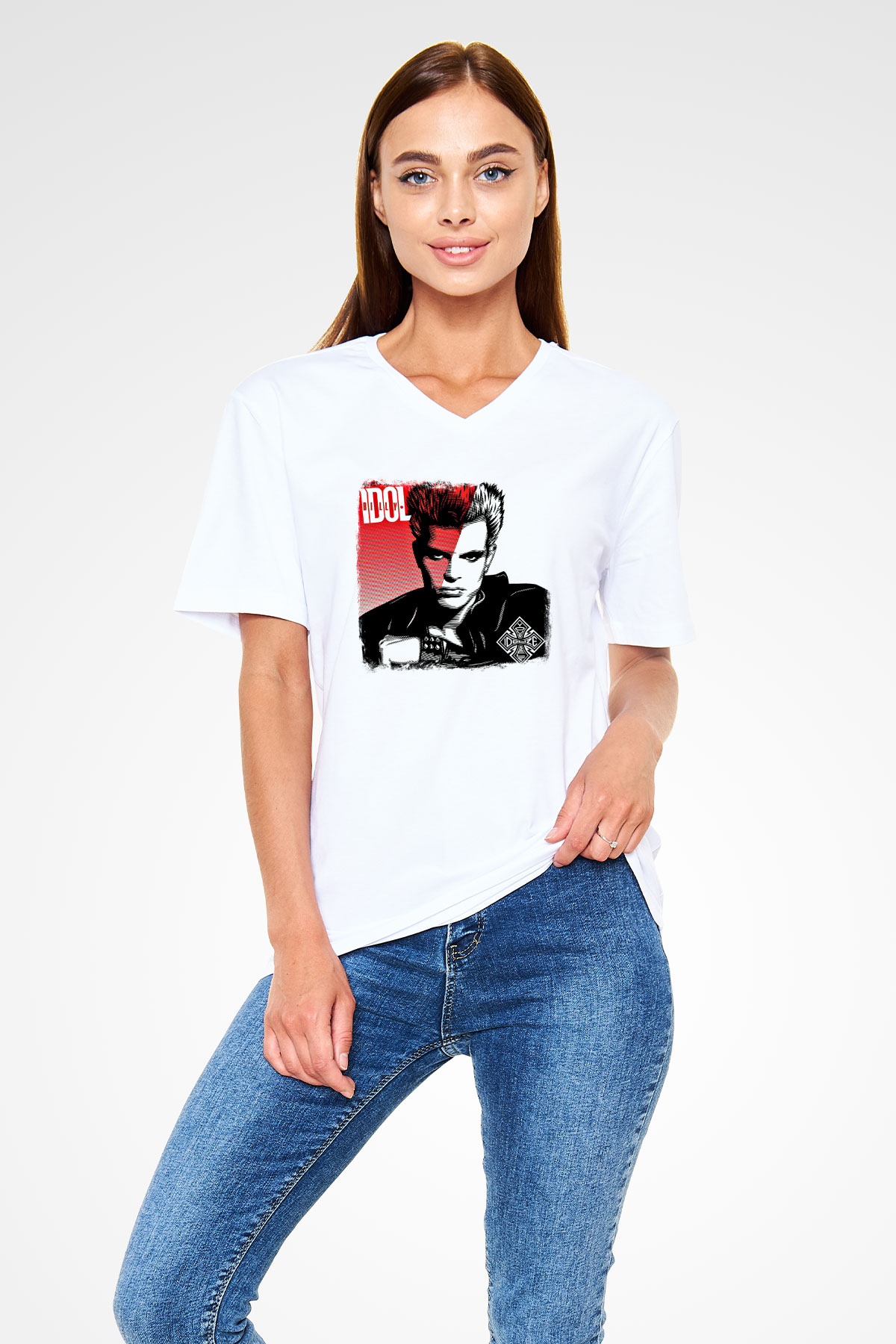 Billy Idol Baskılı Unisex Beyaz V Yaka Tişört