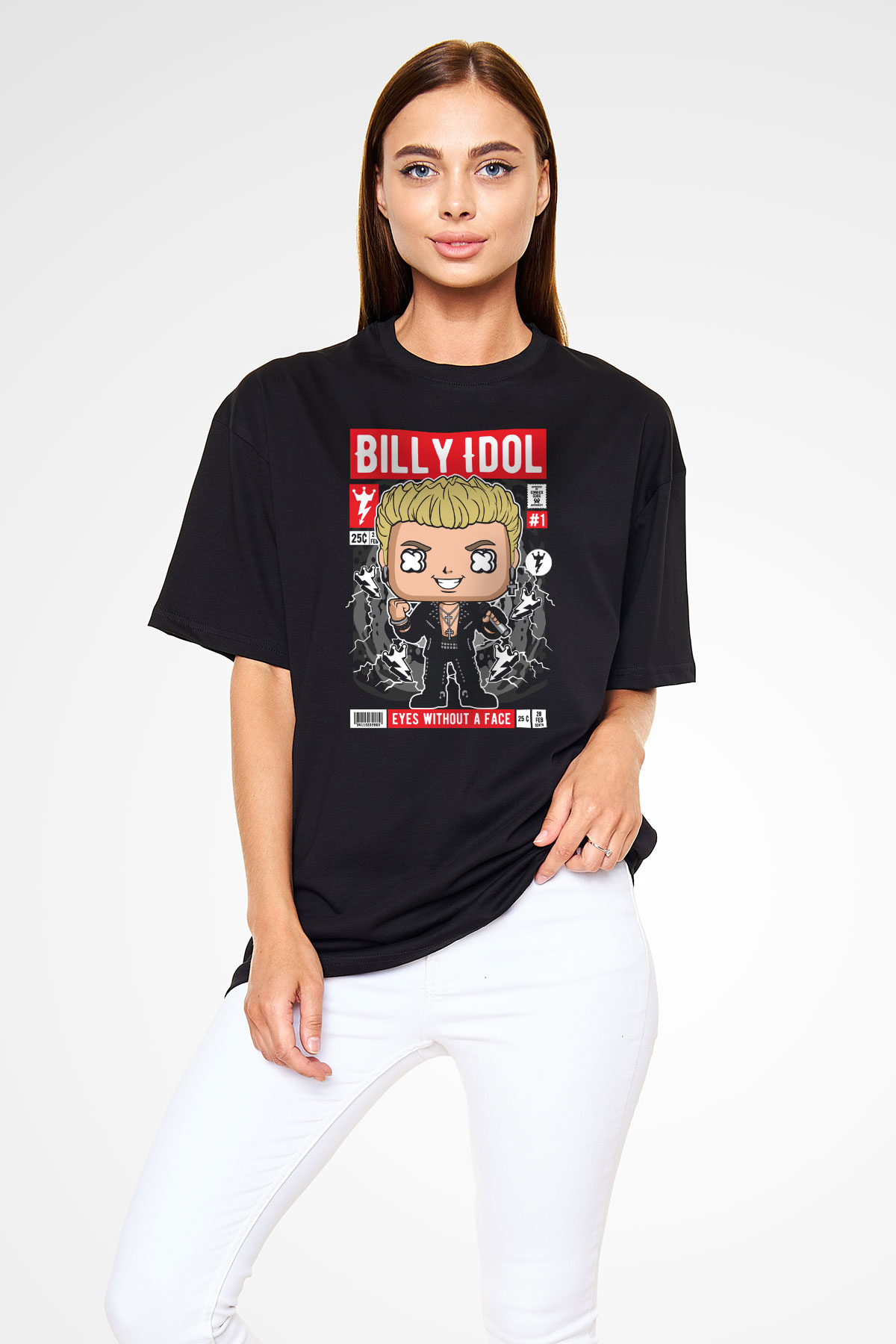 Billy Idol Baskılı Unisex Siyah Oversize Tişört