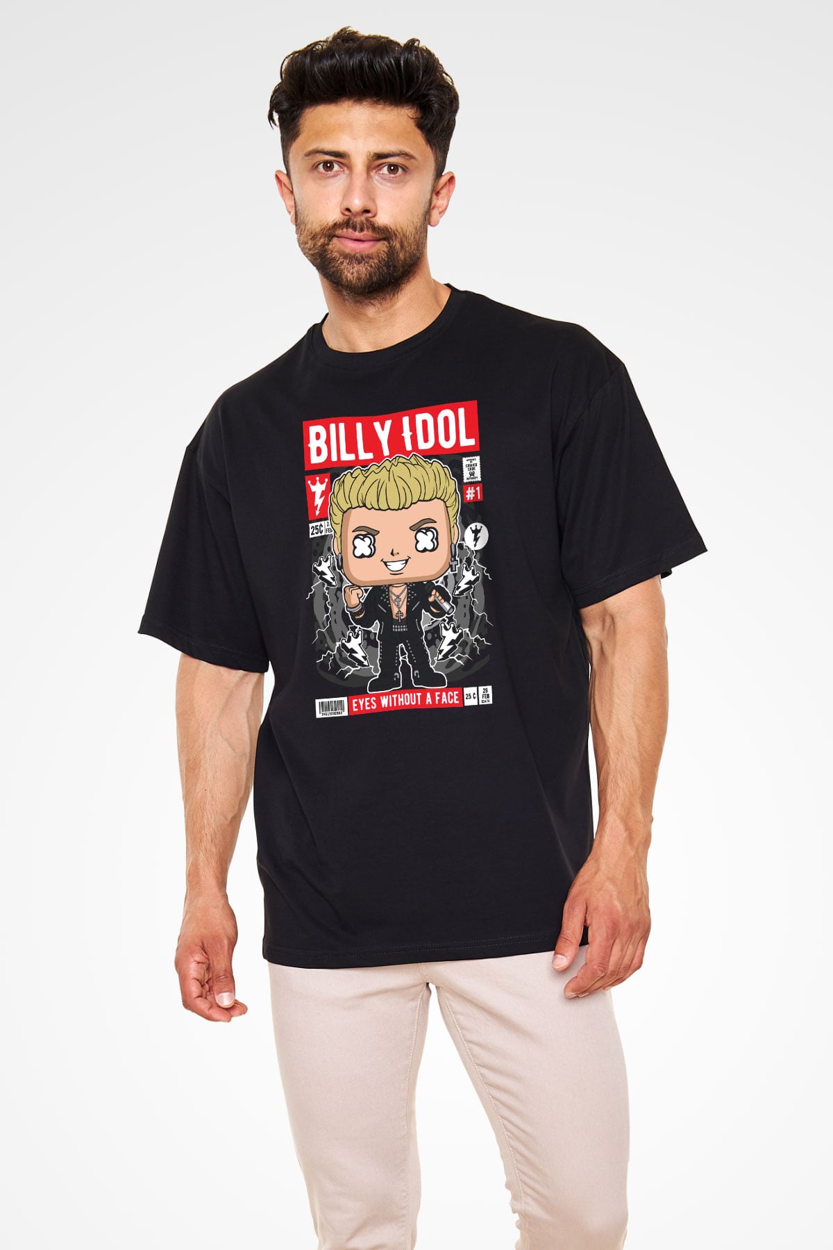 Billy Idol Baskılı Unisex Siyah Oversize Tişört