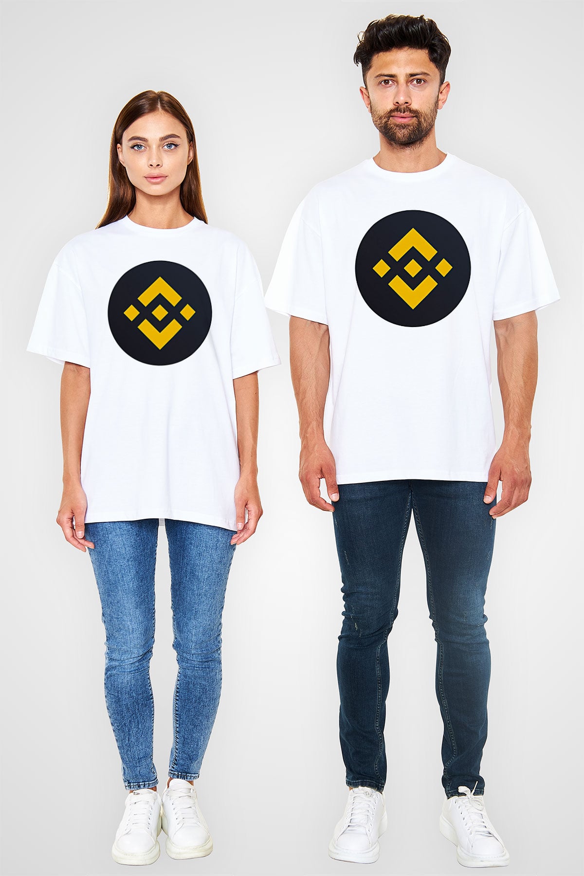 Binance Baskılı Beyaz Unisex Oversize Tişört - Tshirt