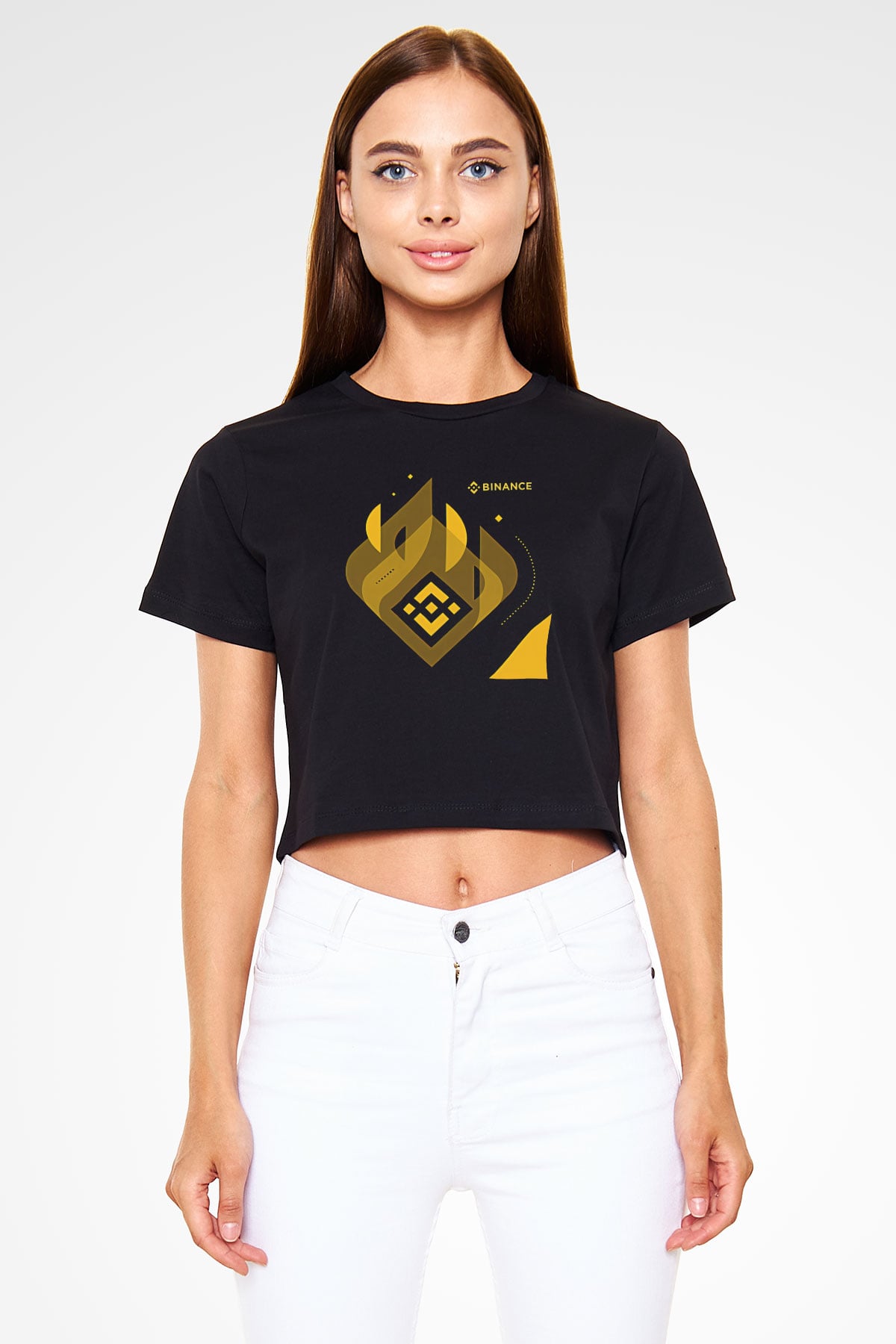 Binance Baskılı Siyah Crop Top Kadın Tişört - Tshirt