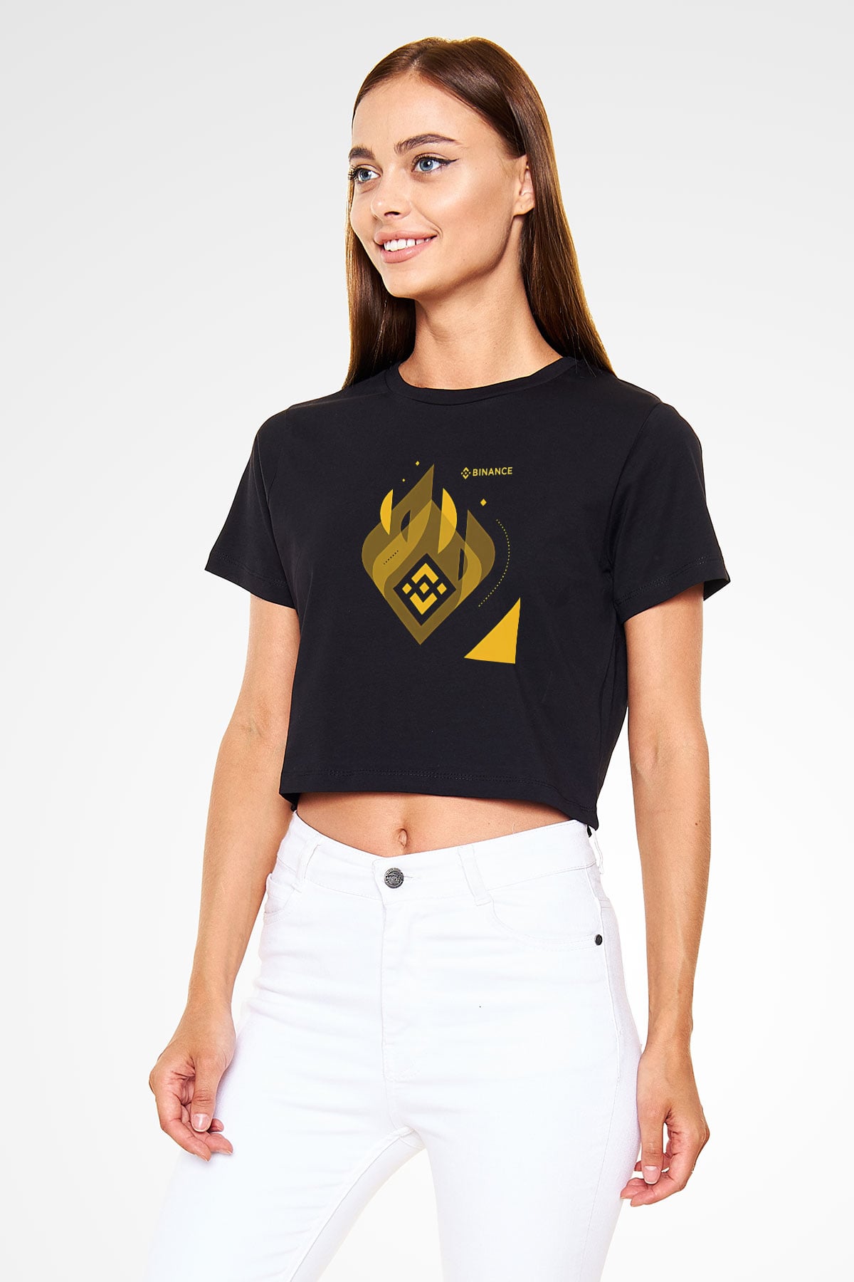 Binance Baskılı Siyah Crop Top Kadın Tişört - Tshirt