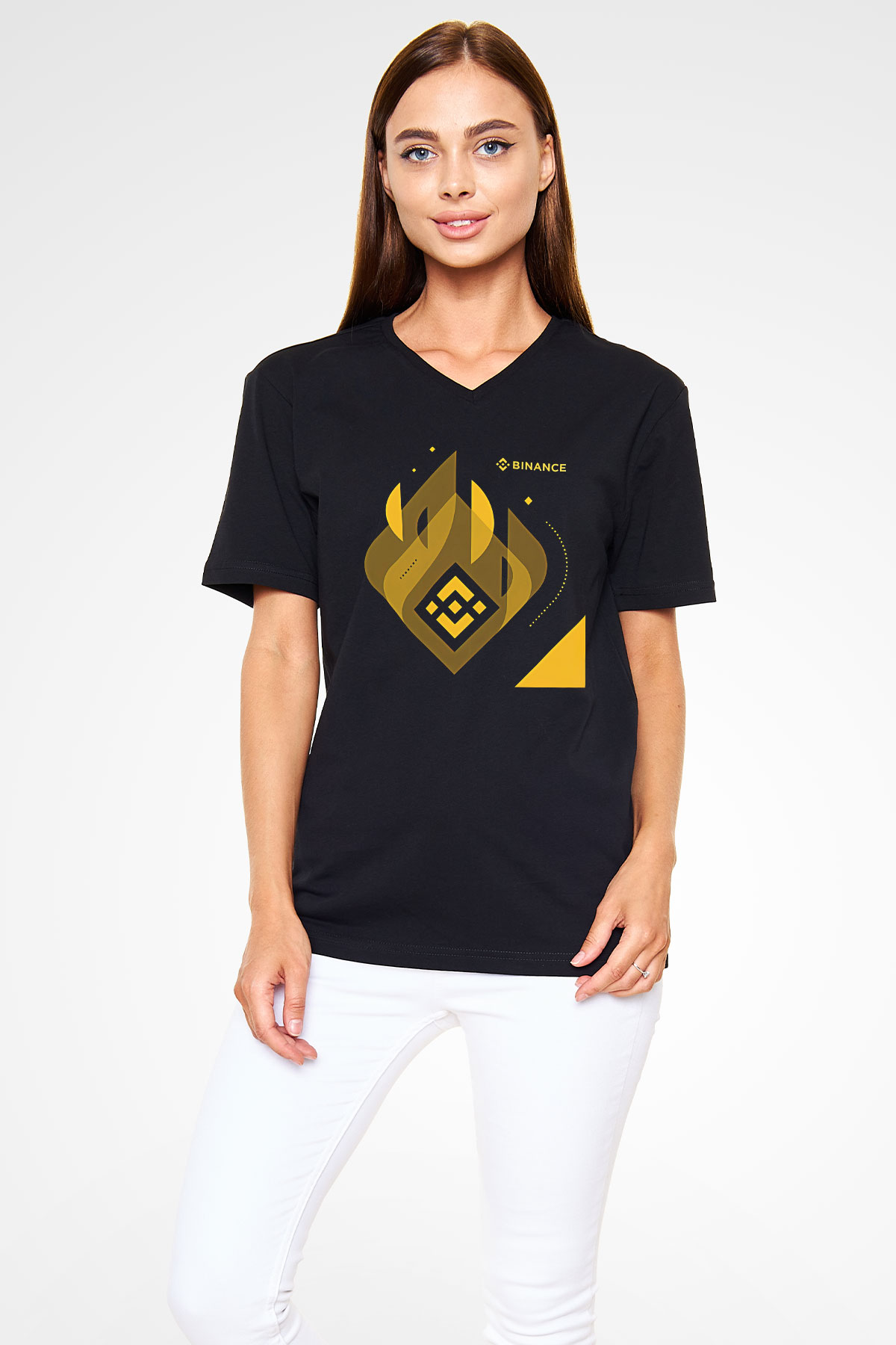 Binance Baskılı Unisex Siyah V Yaka Tişört - Tshirt