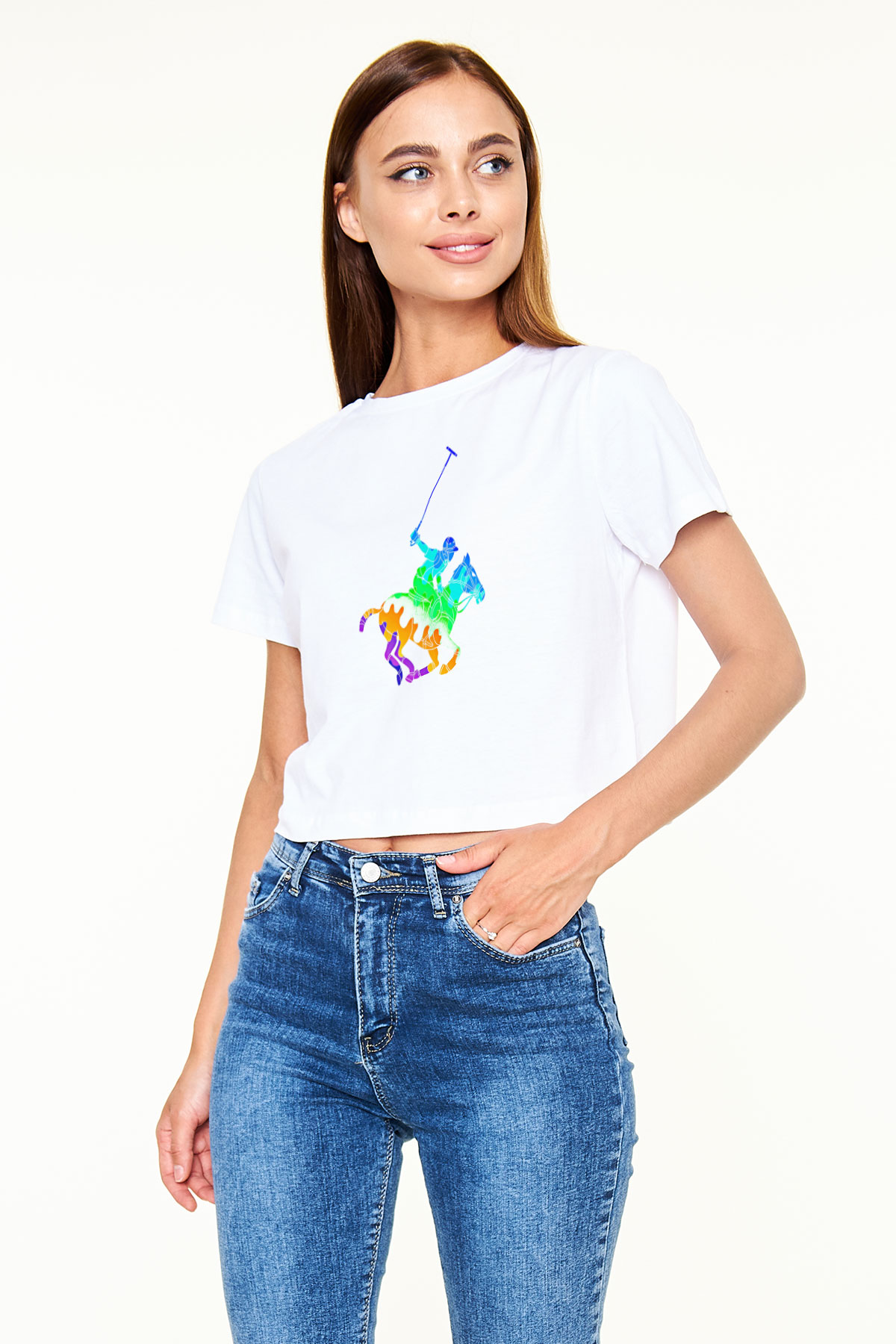 Binicilik Baskılı Crop Top Beyaz Tişört - T-shirt