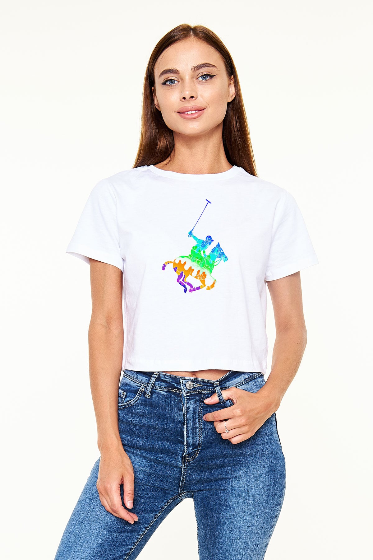 Binicilik Baskılı Crop Top Beyaz Tişört - T-shirt