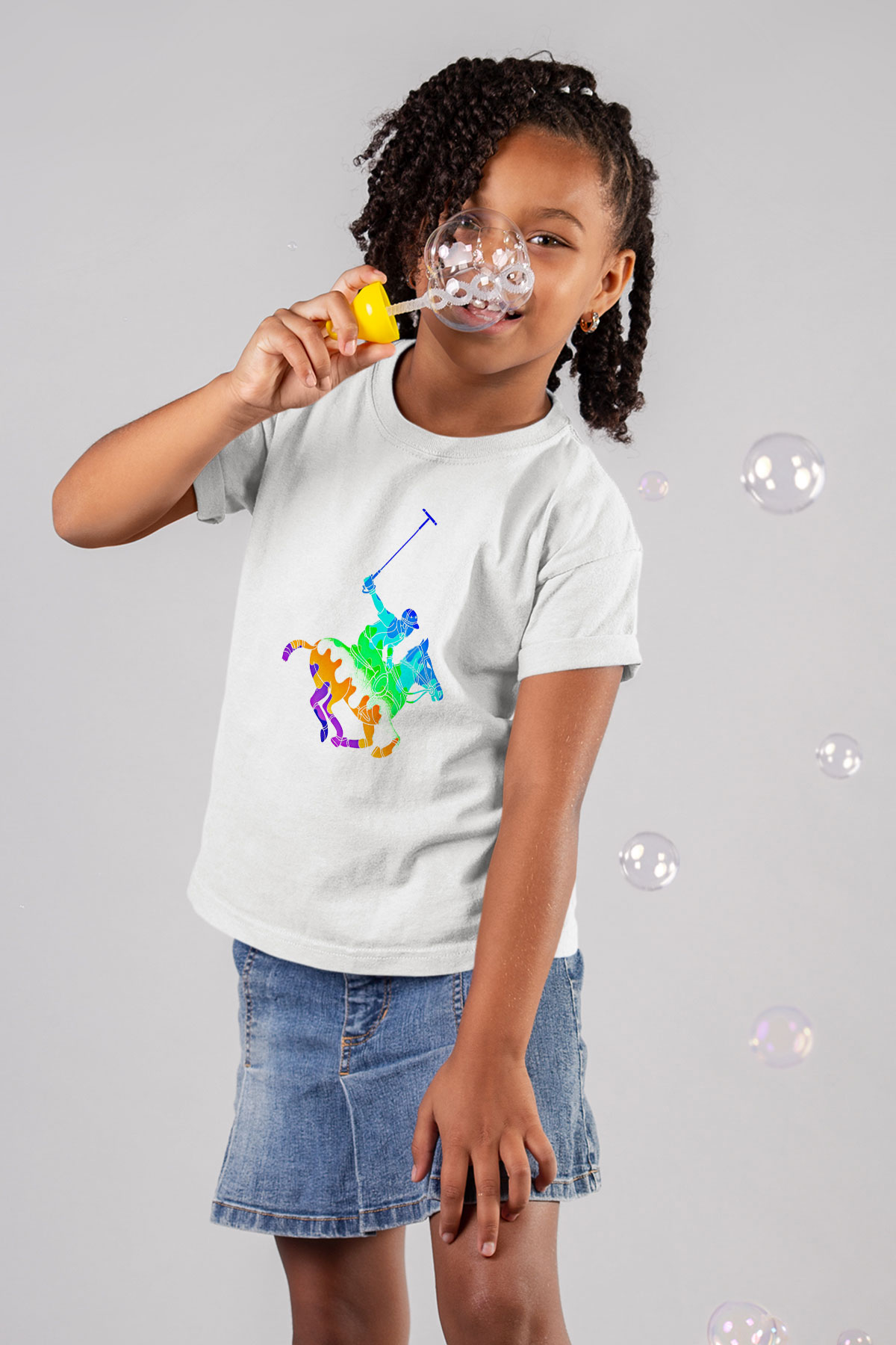 Binicilik Baskılı Unisex Beyaz Çocuk Tişört - Tshirt