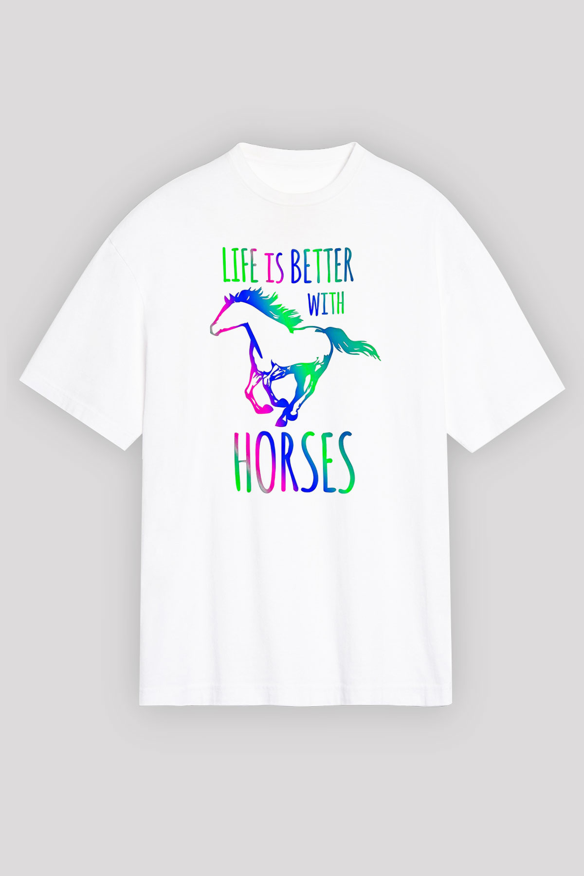 Binicilik Baskılı Unisex Beyaz Oversize Tişört - Tshirt