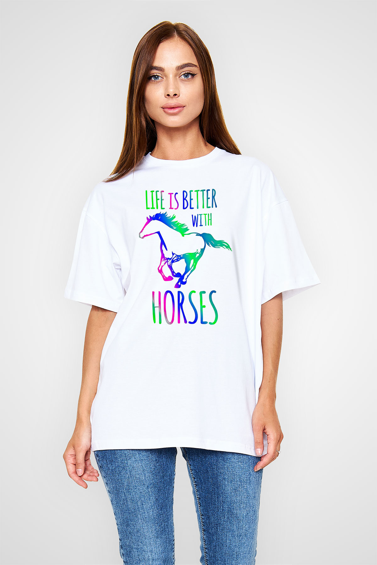 Binicilik Baskılı Unisex Beyaz Oversize Tişört - Tshirt