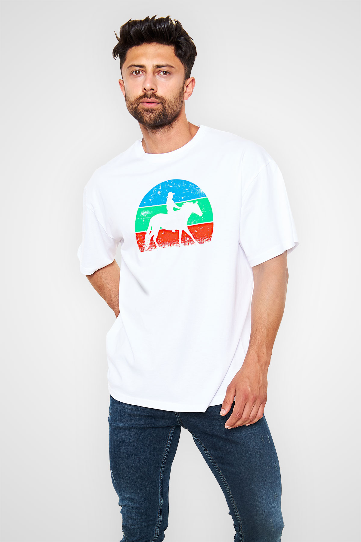 Binicilik Baskılı Unisex Beyaz Oversize Tişört - Tshirt