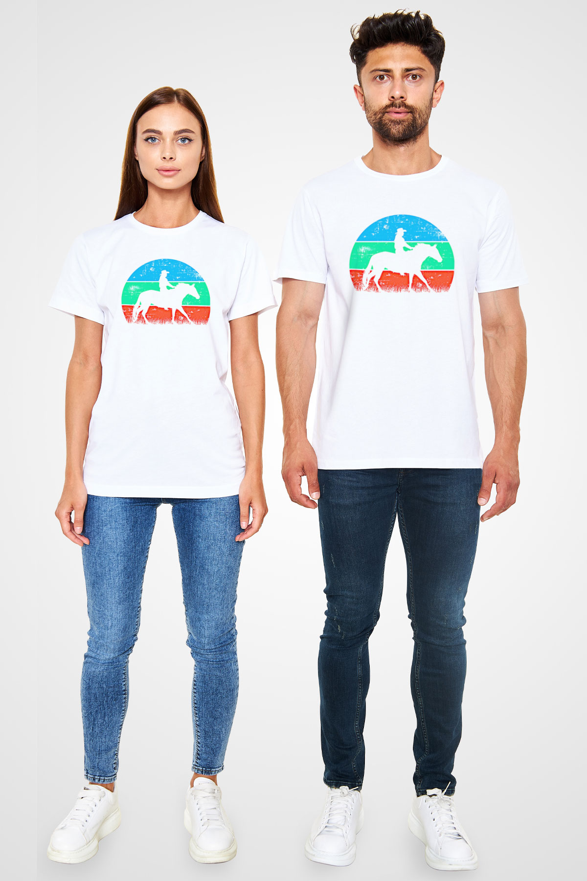 Binicilik Baskılı Unisex Beyaz Tişört - Tshirt