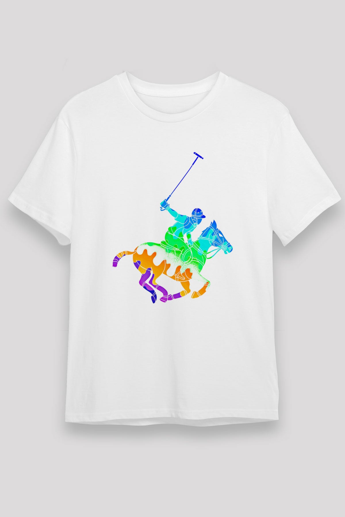 Binicilik Baskılı Unisex Beyaz Tişört - Tshirt