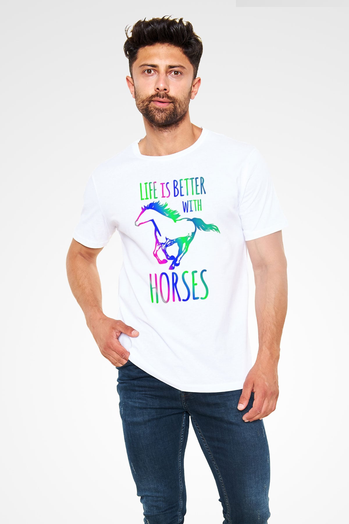 Binicilik Baskılı Unisex Beyaz Tişört - Tshirt