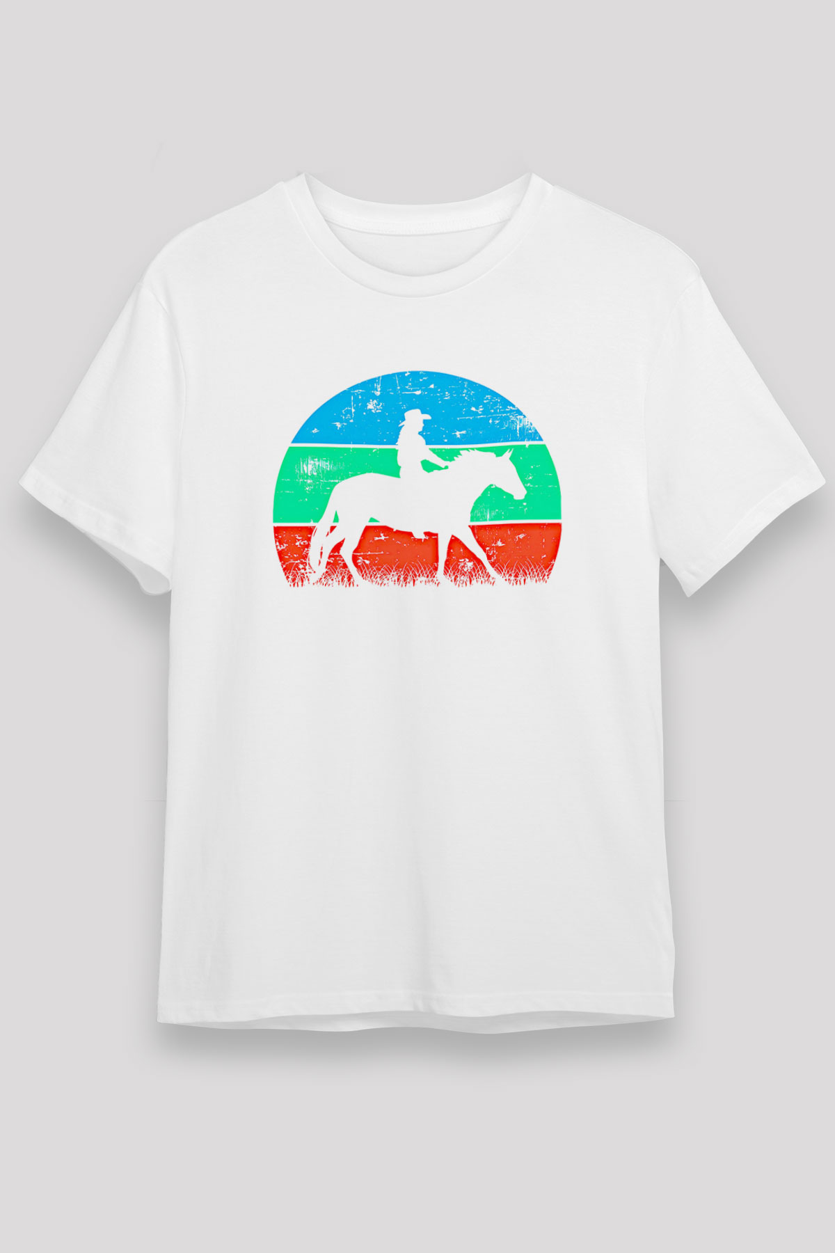 Binicilik Baskılı Unisex Beyaz Tişört - Tshirt
