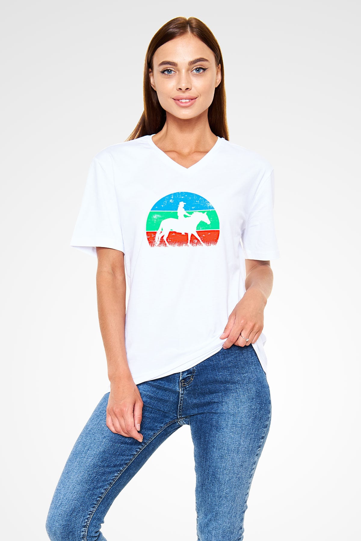 Binicilik Baskılı Unisex V Yaka Tişört - Tshirt