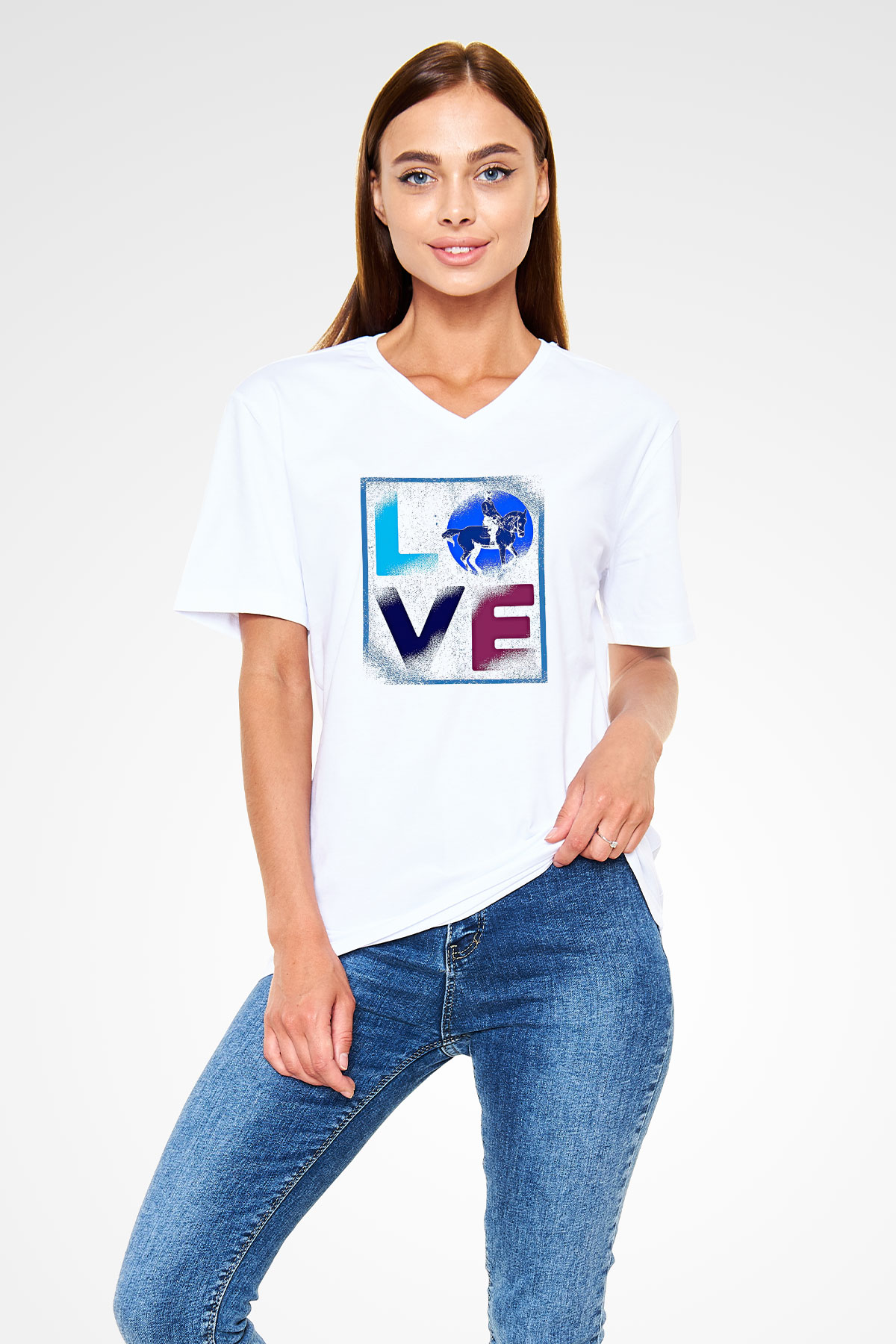 Binicilik Baskılı Unisex V Yaka Tişört - Tshirt