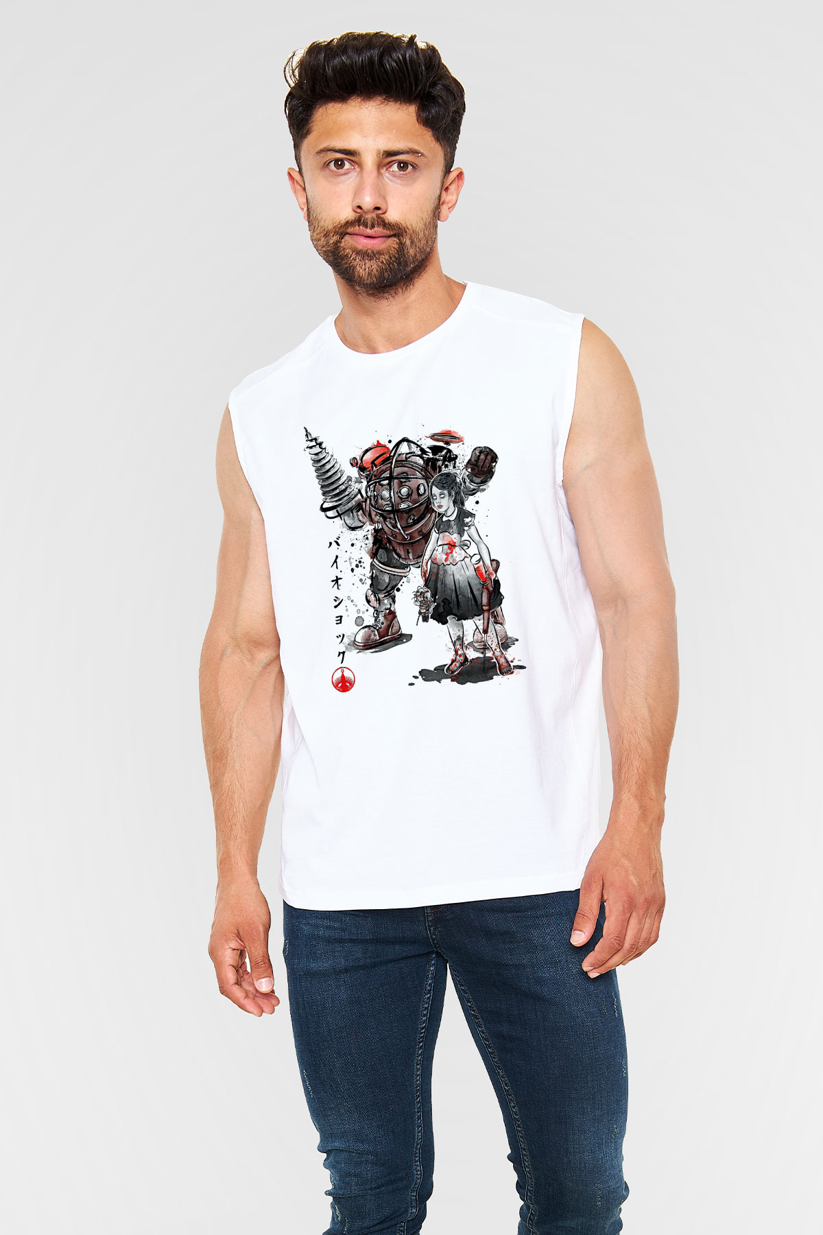 Bioshock James Baskılı Beyaz Unisex Kolsuz Tişört - Tshirt