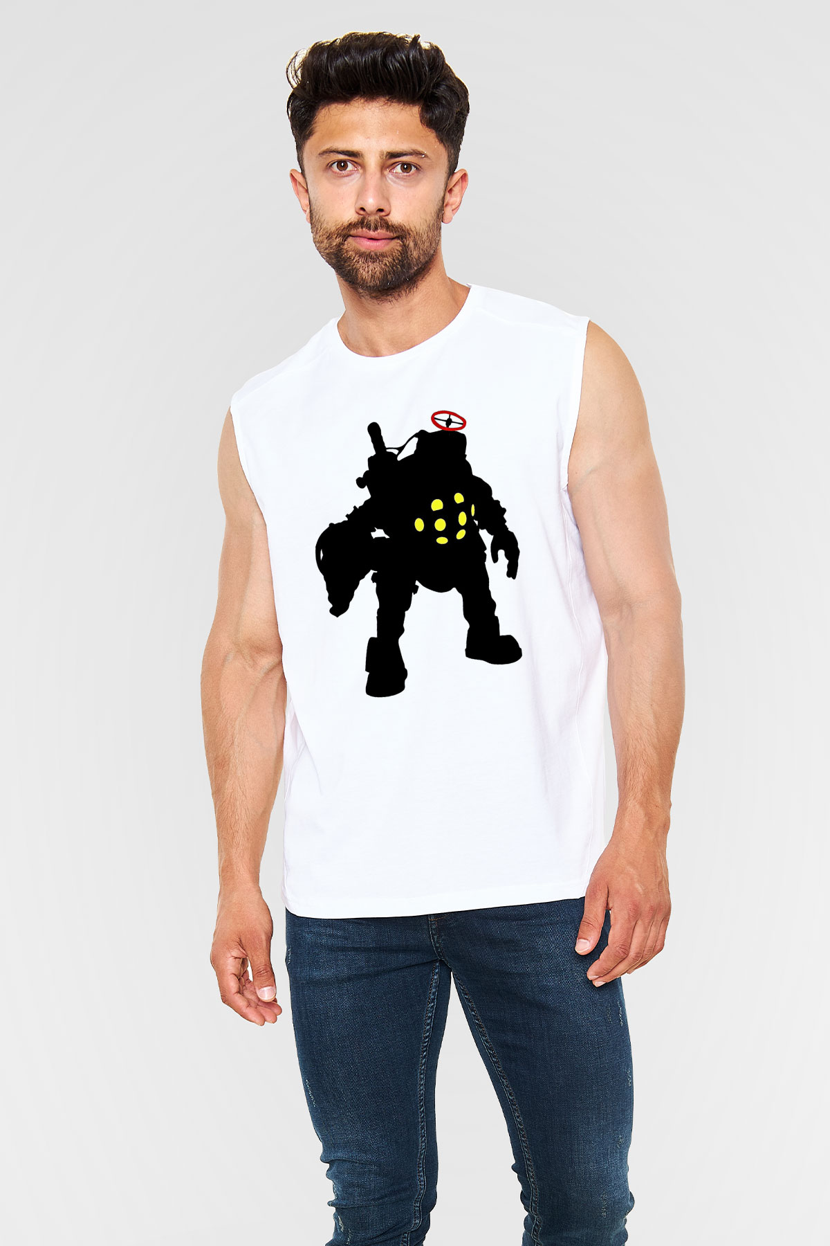 Bioshock James Baskılı Beyaz Unisex Kolsuz Tişört - Tshirt