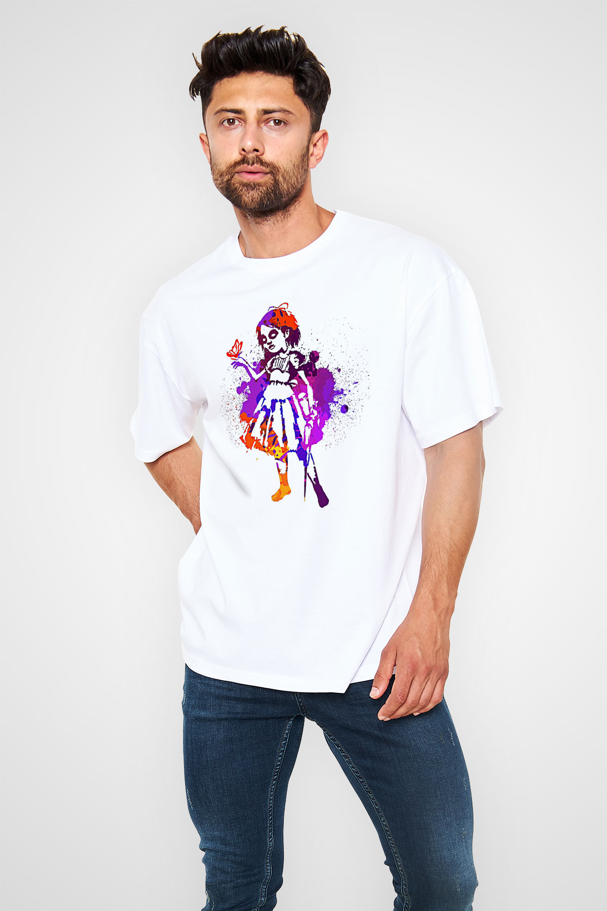 Bioshock James Baskılı Beyaz Unisex Oversize Tişört - Tshirt