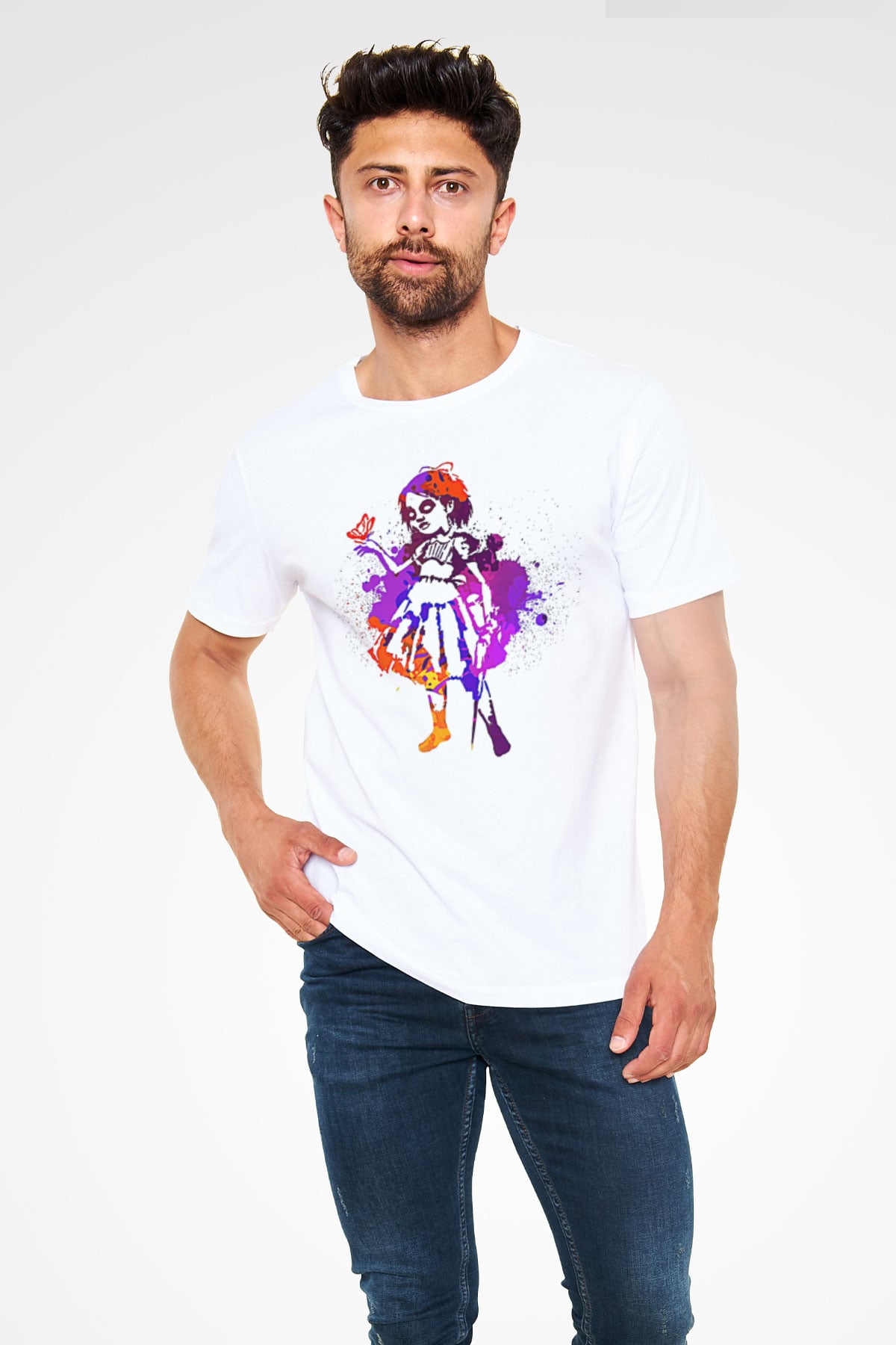 Bioshock James Baskılı Unisex Beyaz Tişört - Tshirt