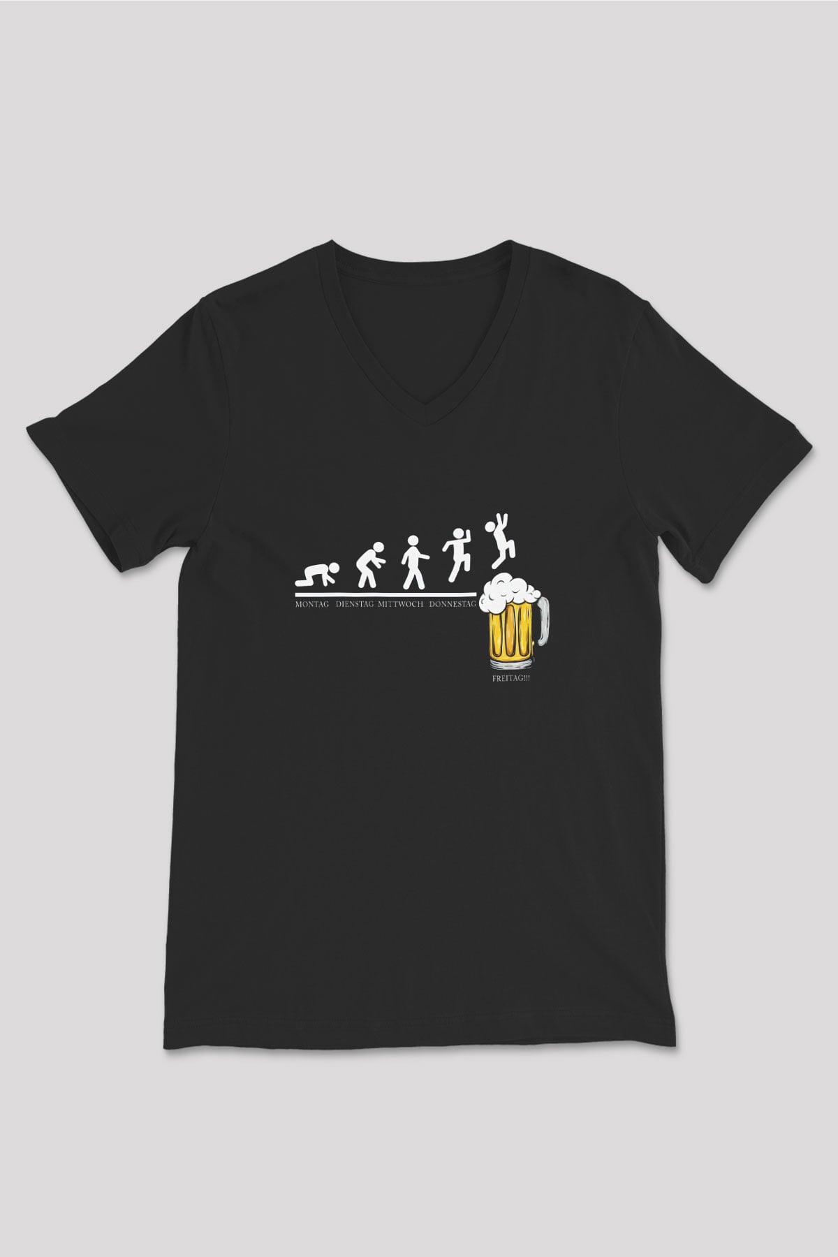 Bira Evrimi Baskılı Unisex V Yaka Siyah Tİşört - Tshirt