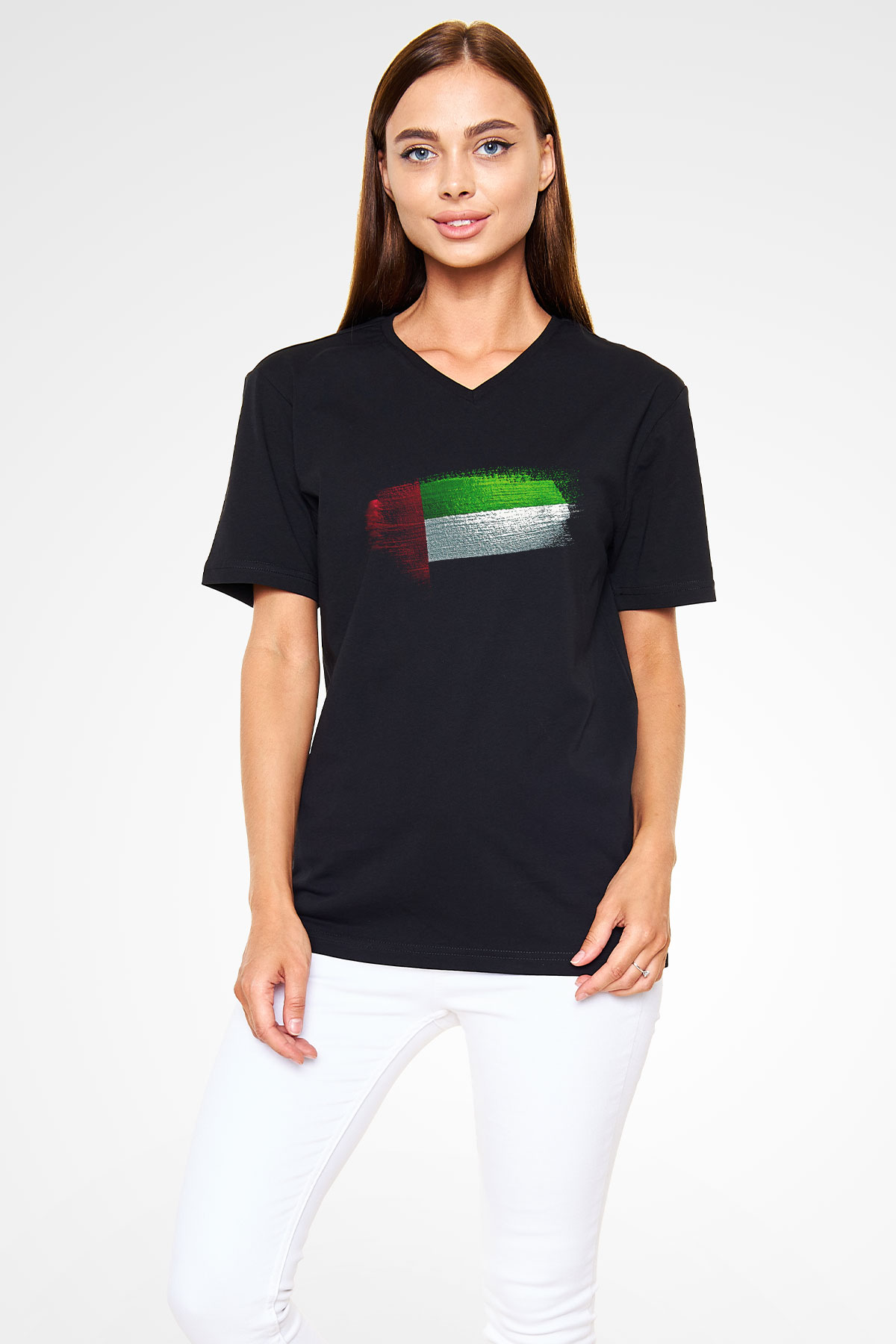 Birleşik Arap Emirlikleri - United Arab Emirates Bayrağı Baskılı Unisex Siyah V Yaka Tişört