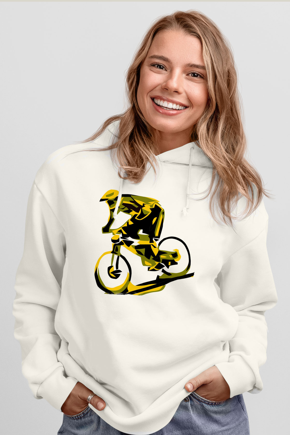 Bisiklet Beyaz Unisex Kapüşonlu Sweatshirt