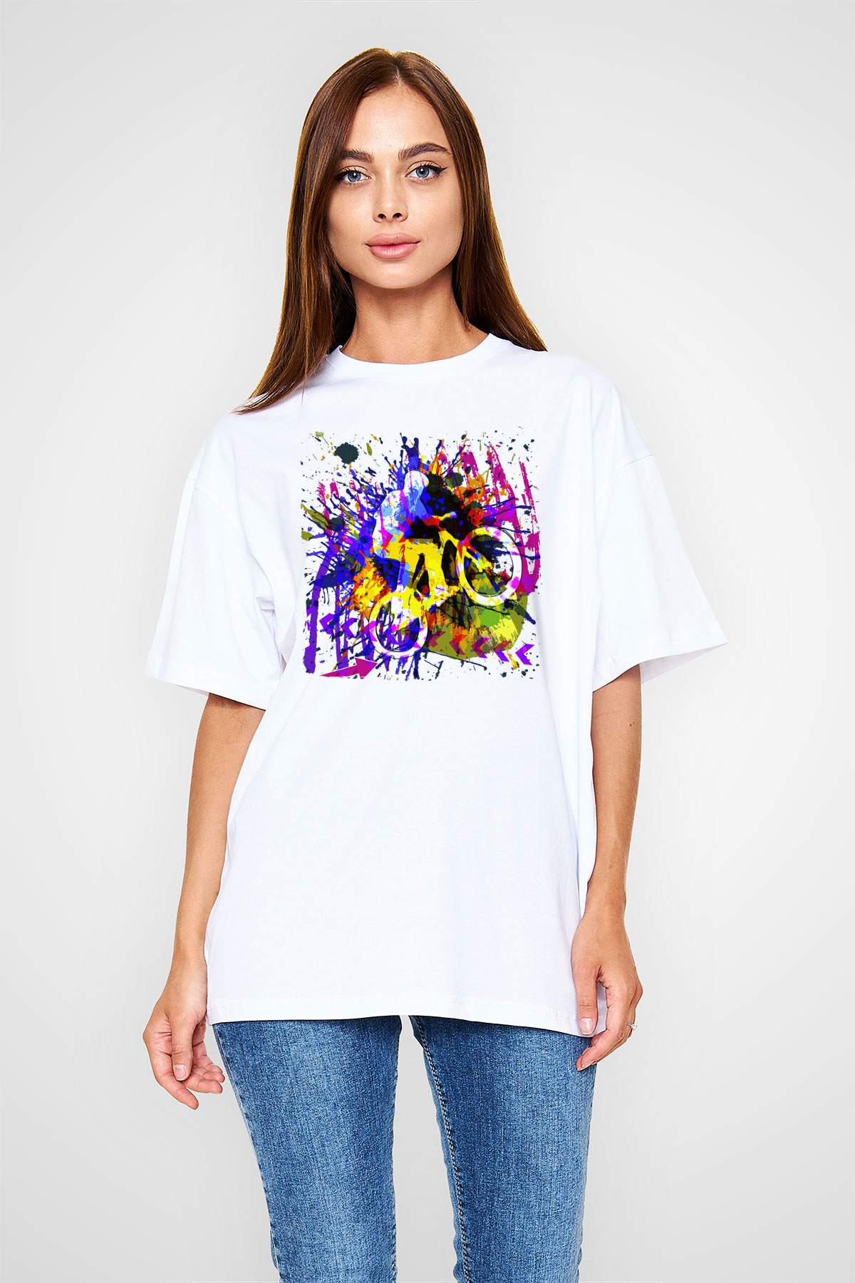 Bisiklet Beyaz Oversize Tişört Oversize T-shirt - TişörtFabrikası