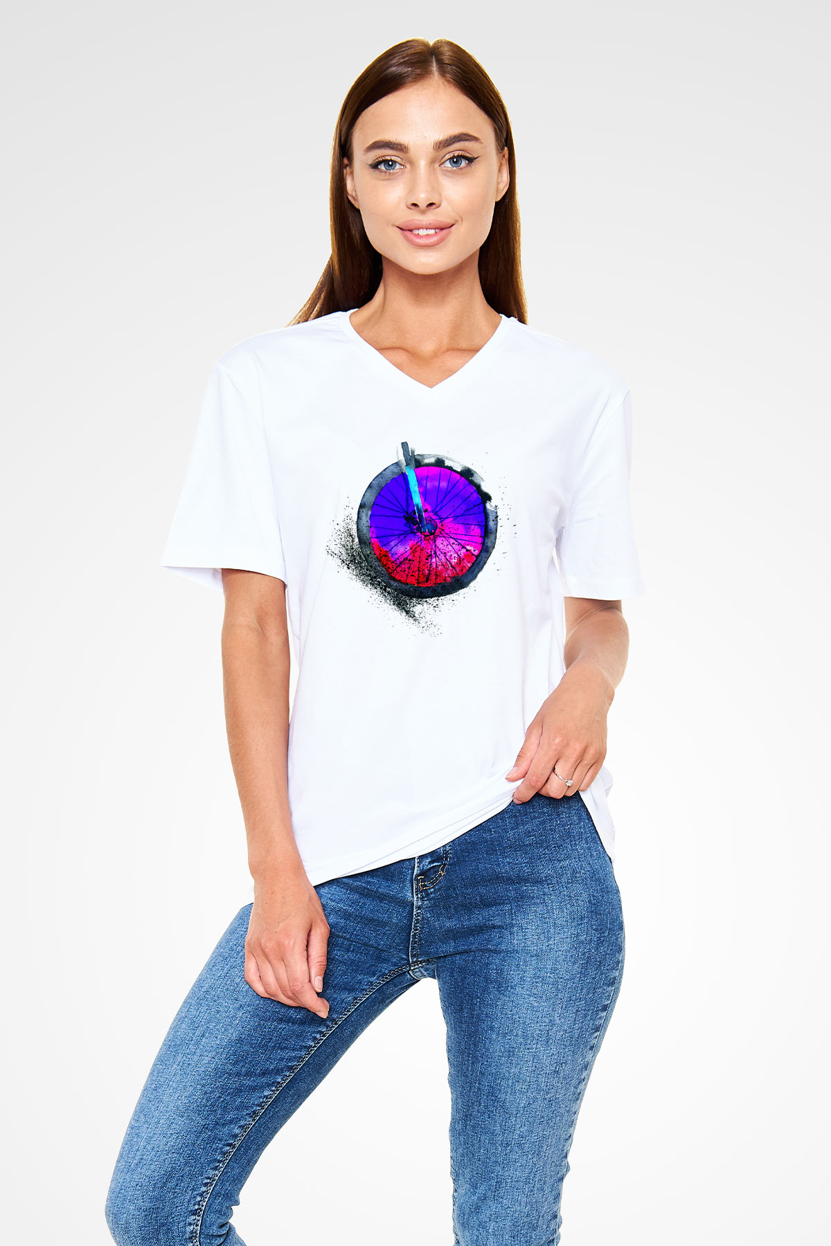 Bisiklet Beyaz Unisex V Yaka Tişört T-Shirt
