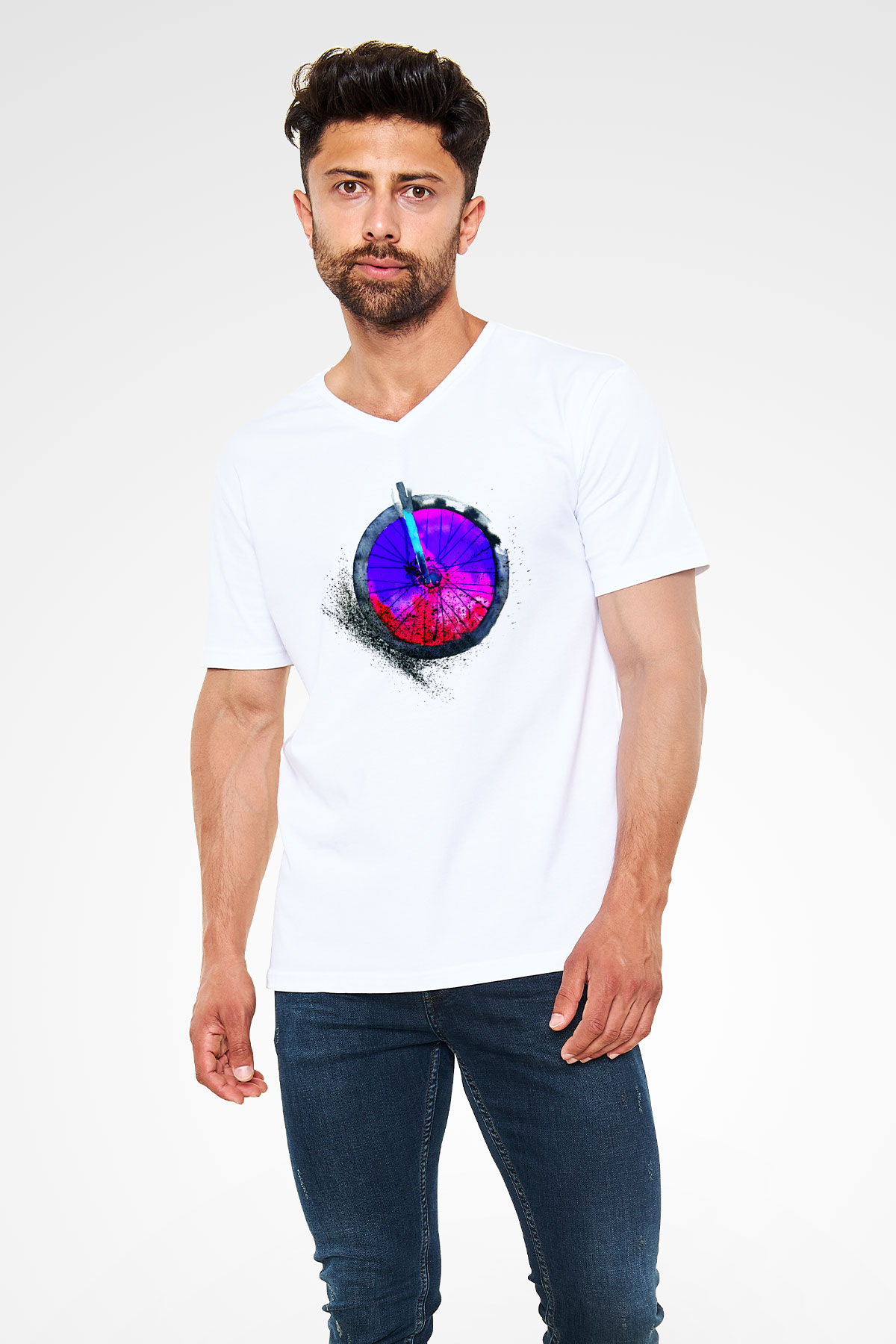 Bisiklet Beyaz Unisex V Yaka Tişört T-Shirt