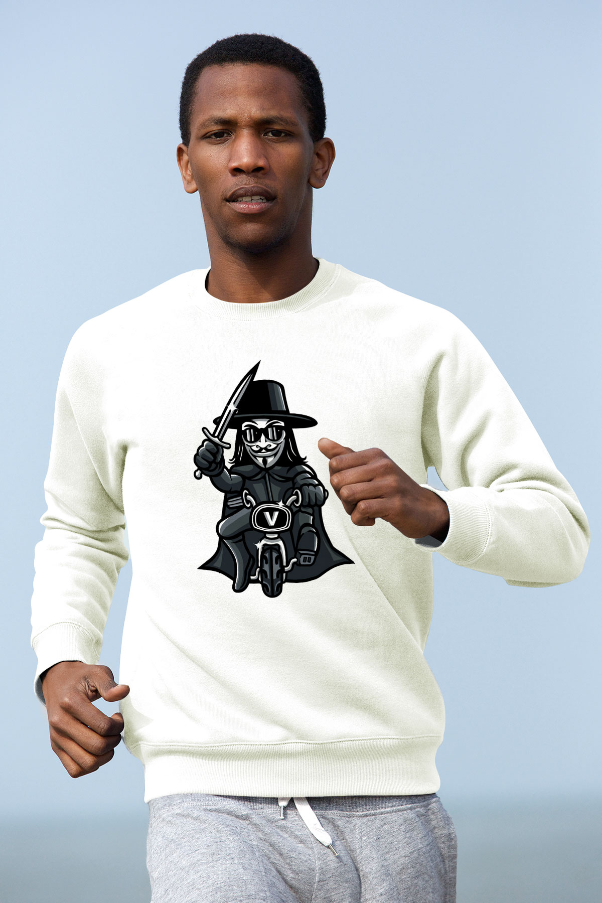 Bisikletçi Vendetta Baskılı Unisex Beyaz Sweatshirt