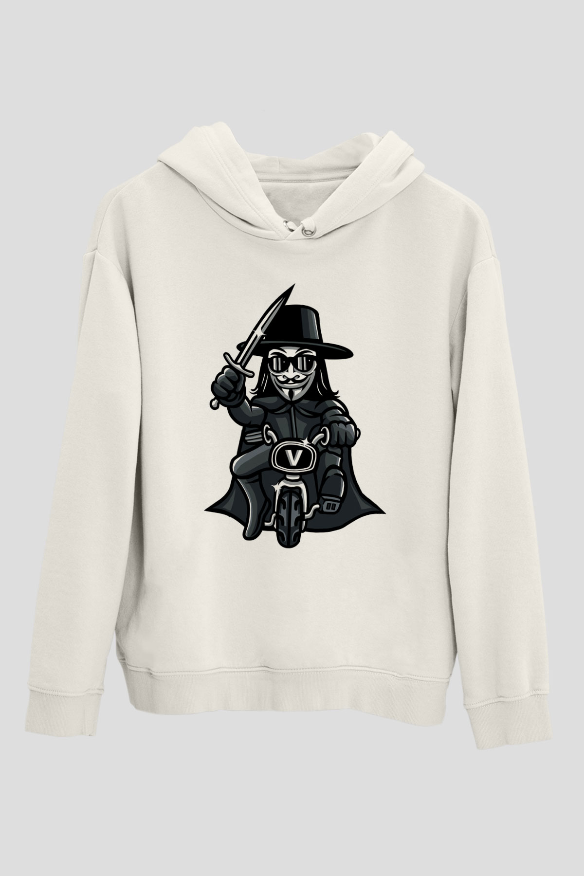 Bisikletçi Vendetta Baskılı Unisex Beyaz Hoodie