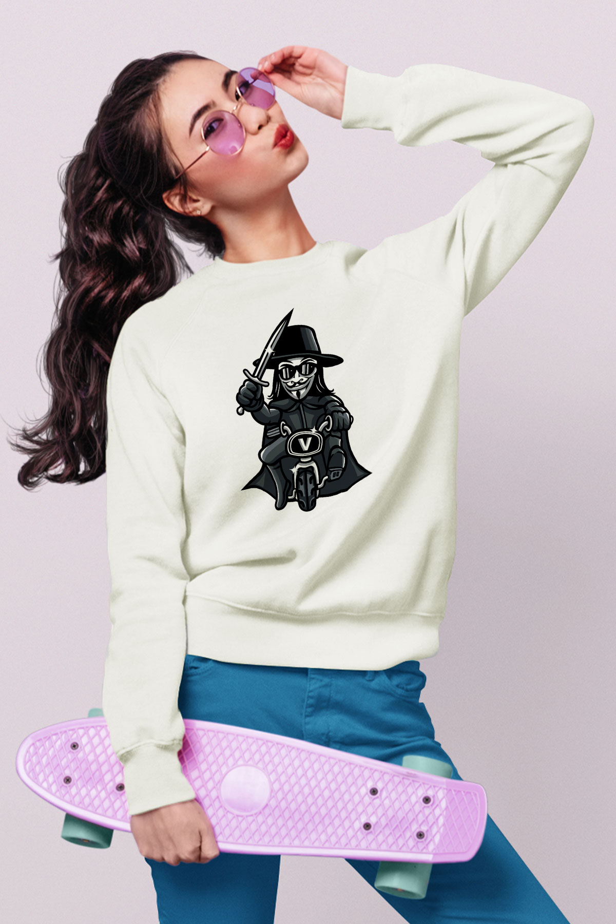 Bisikletçi Vendetta Baskılı Unisex Beyaz Sweatshirt