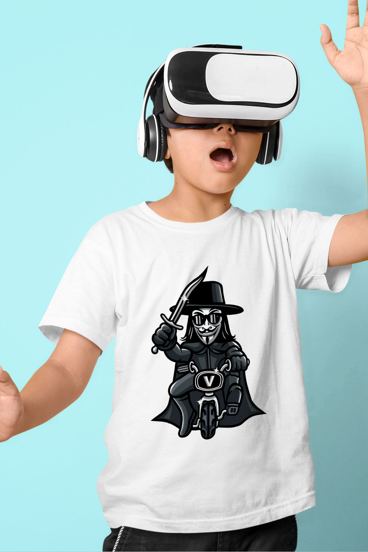 Bisikletçi Vendetta Baskılı Unisex Beyaz Çocuk Tişört