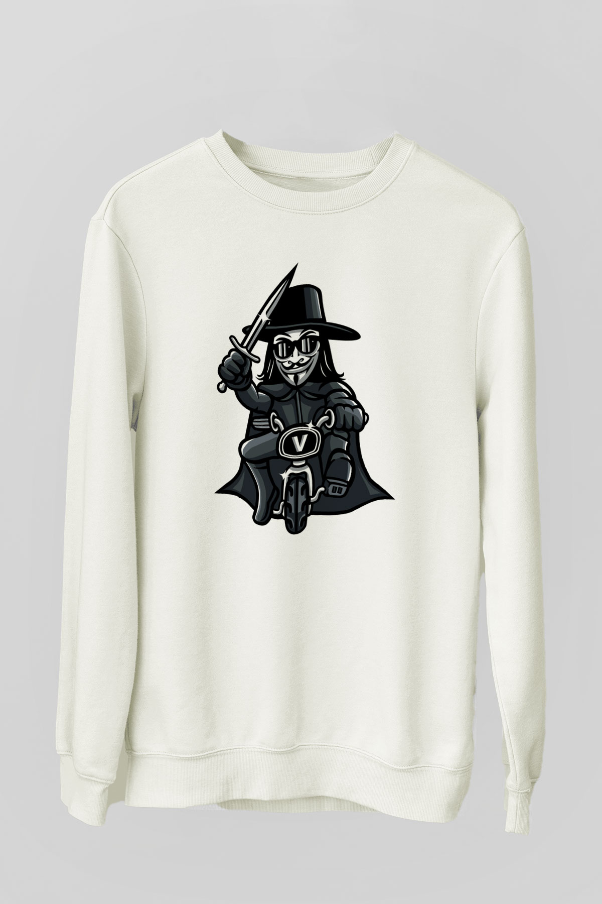 Bisikletçi Vendetta Baskılı Unisex Beyaz Sweatshirt