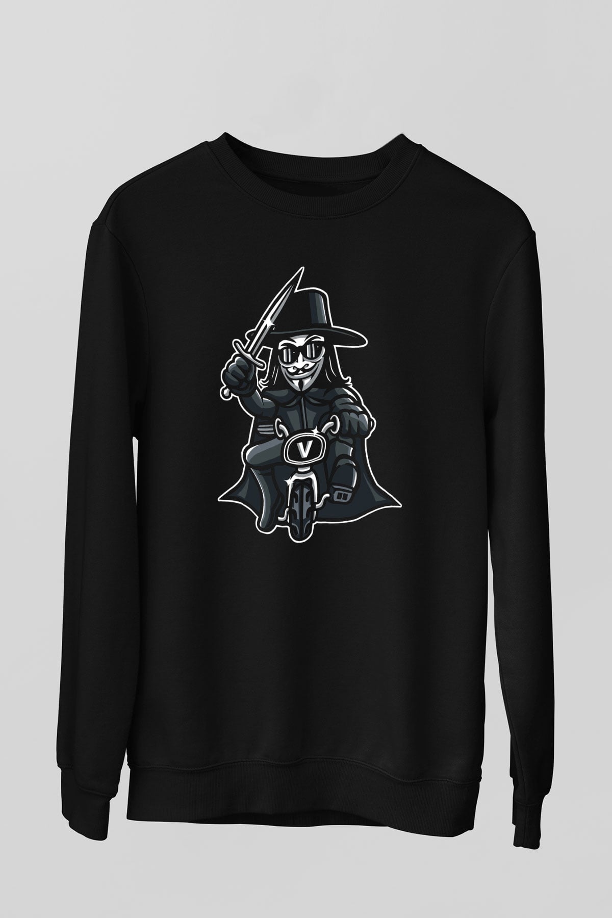 Bisikletçi Vendetta Baskılı Unisex Siyah Sweatshirt
