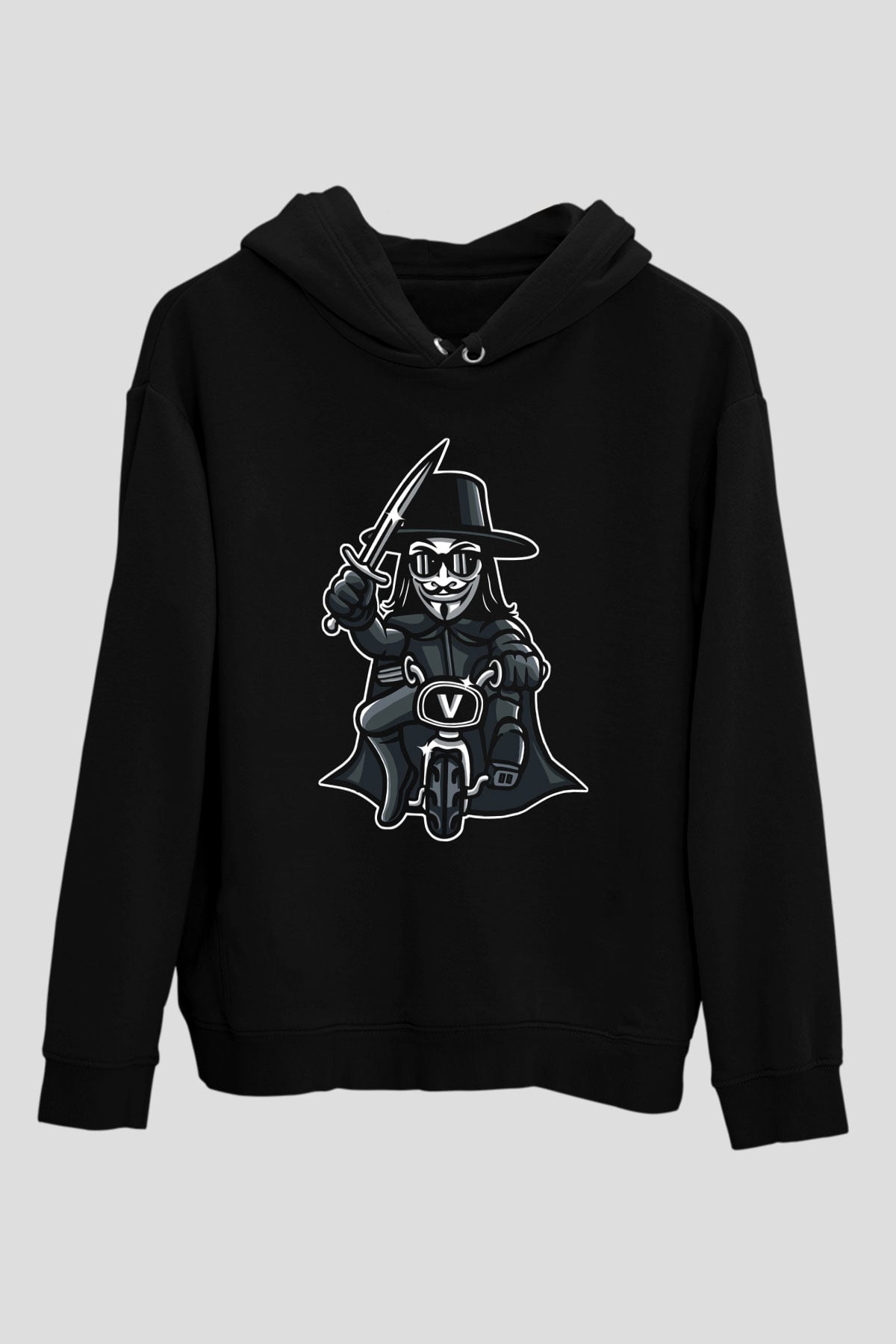 Bisikletçi Vendetta Baskılı Unisex Siyah Hoodie