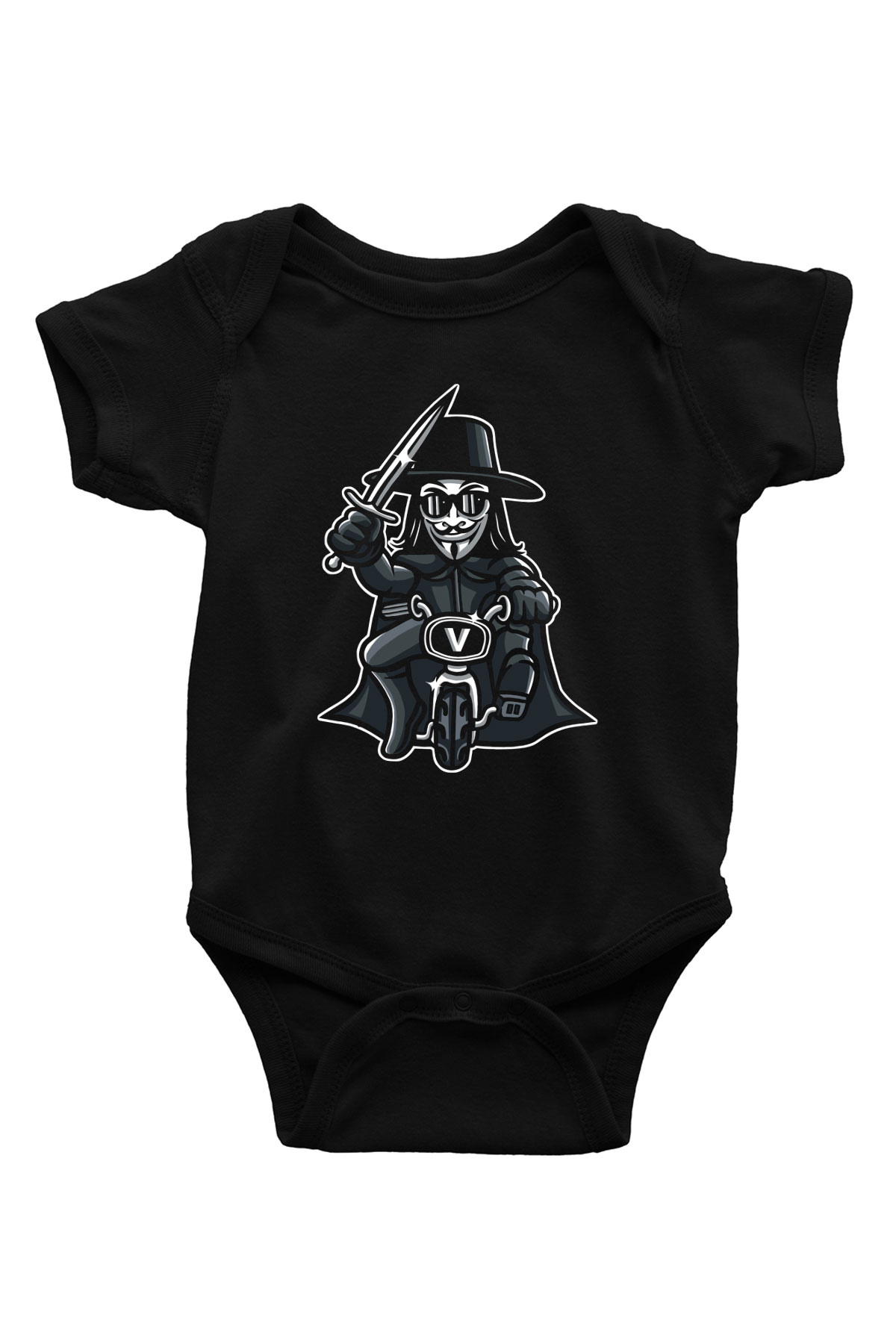 Bisikletçi Vendetta Baskılı Unisex Siyah Bebek Body - Zıbın