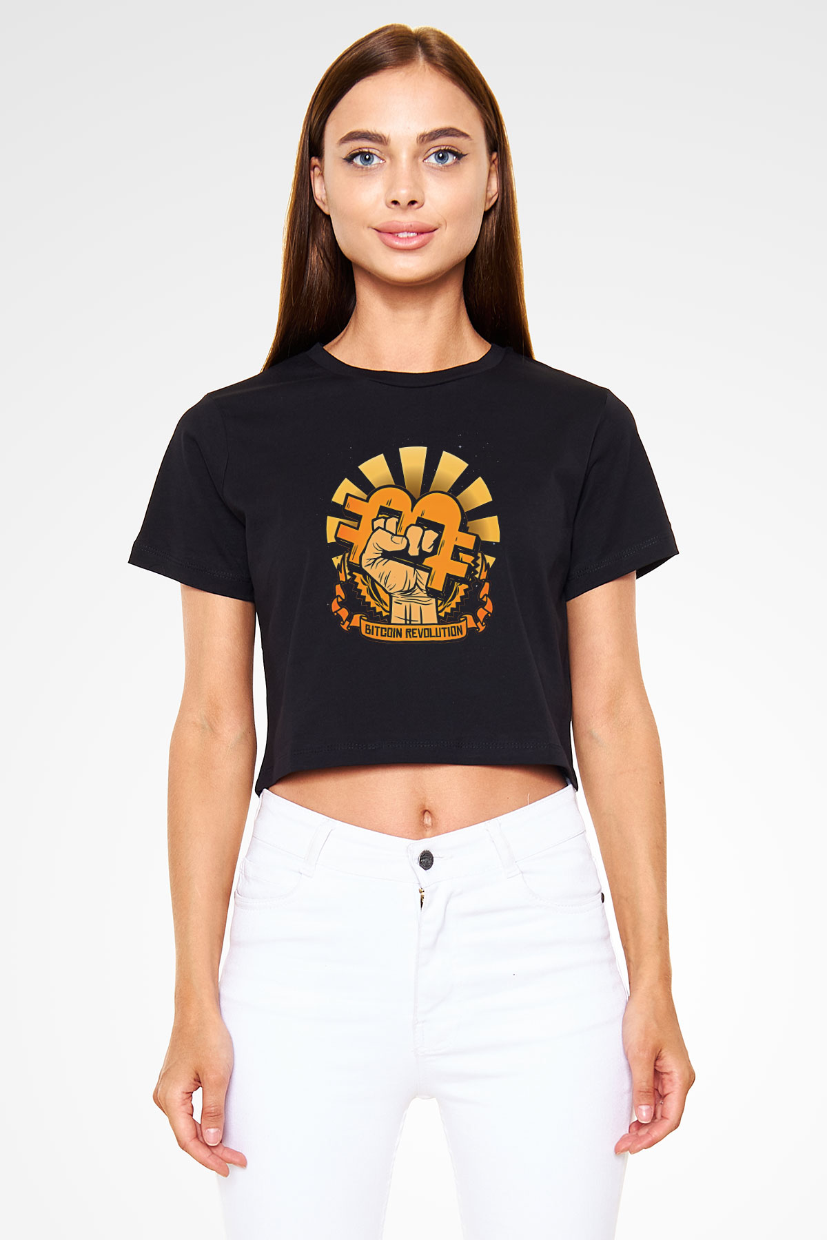 Bitcoin Baskılı Siyah Crop Top Kadın Tişört - Tshirt