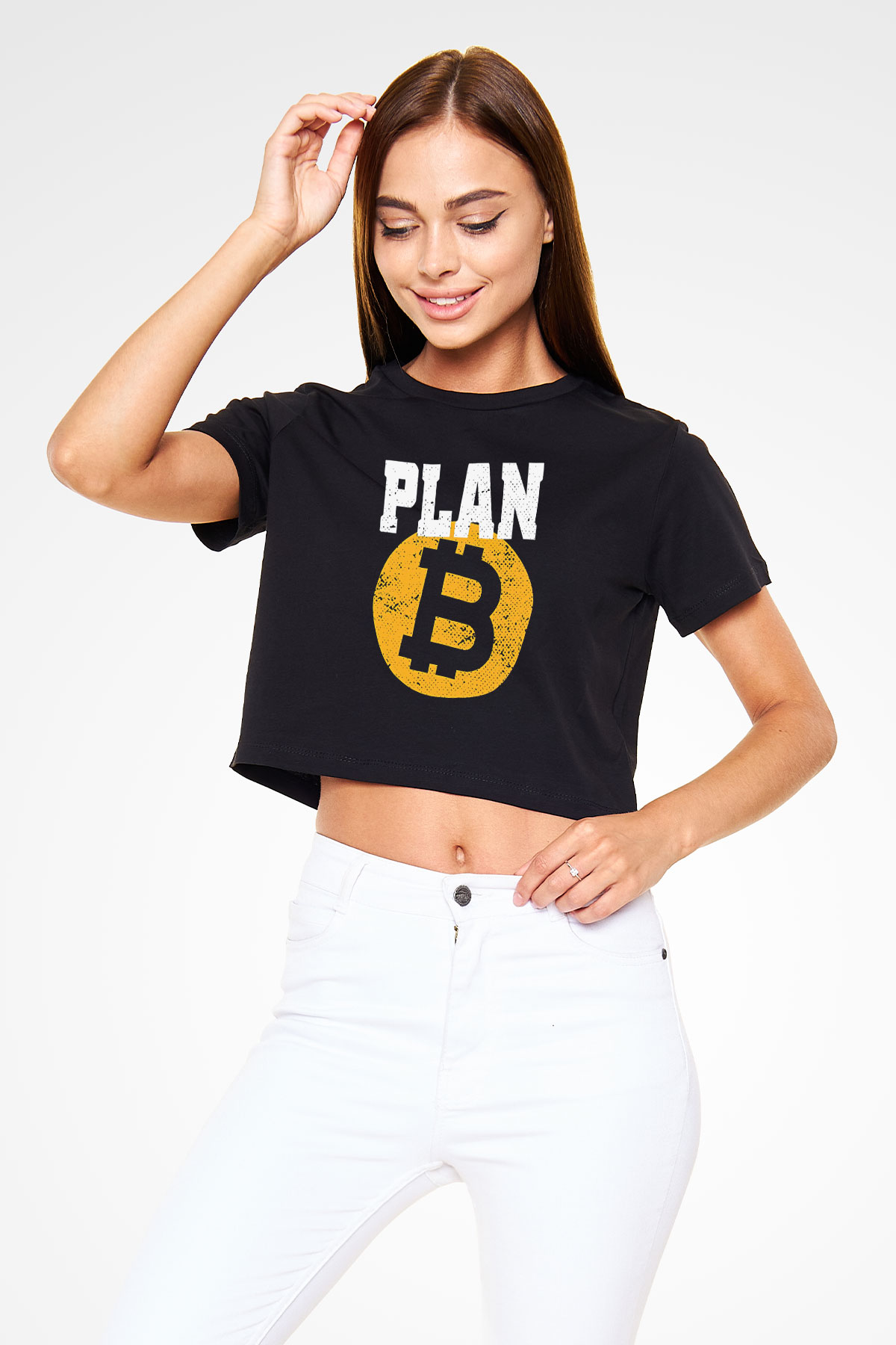 Bitcoin Baskılı Siyah Crop Top Kadın Tişört - Tshirt
