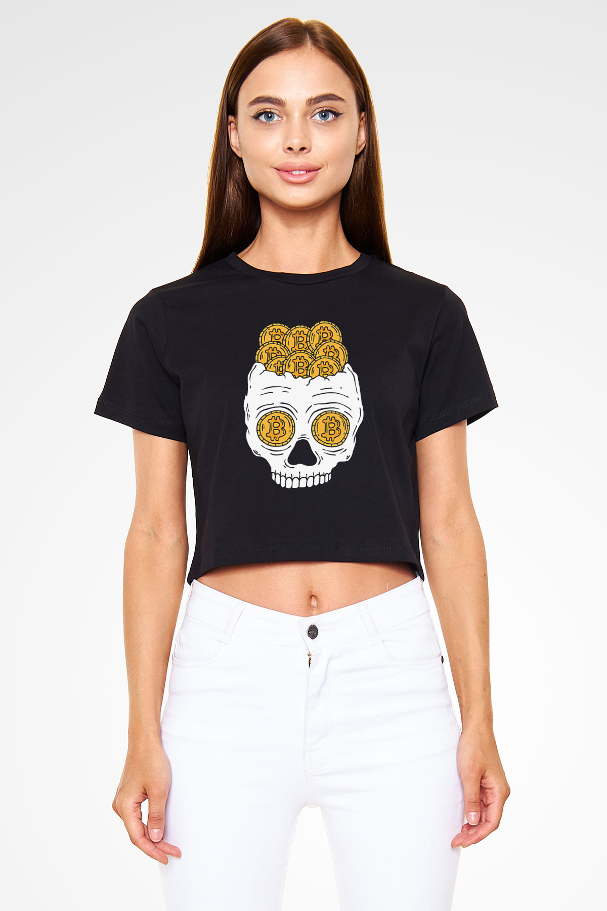 Bitcoin Baskılı Siyah Crop Top Kadın Tişört - Tshirt