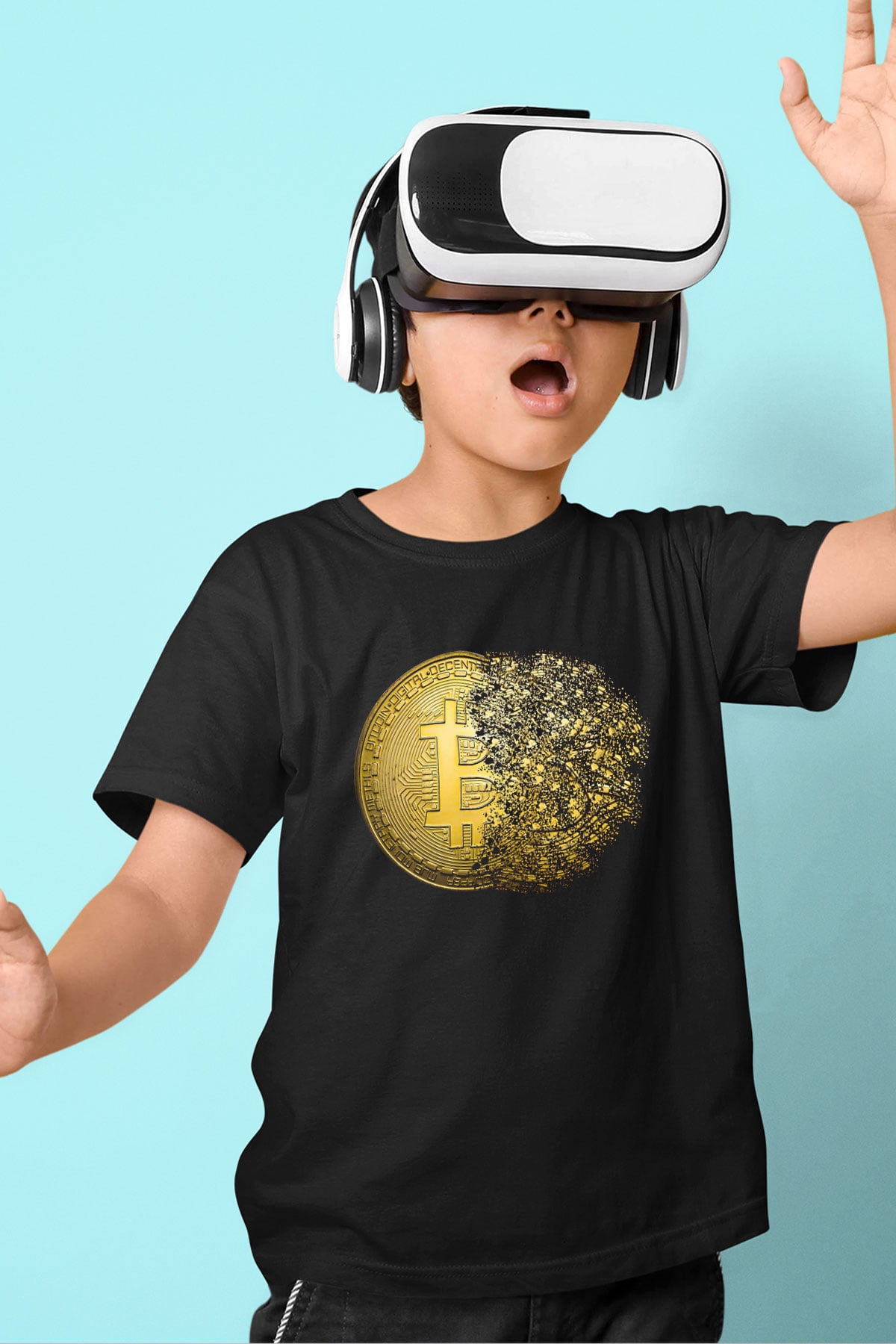 Bitcoin Baskılı Unisex Siyah Çocuk Tişört - Tshirt