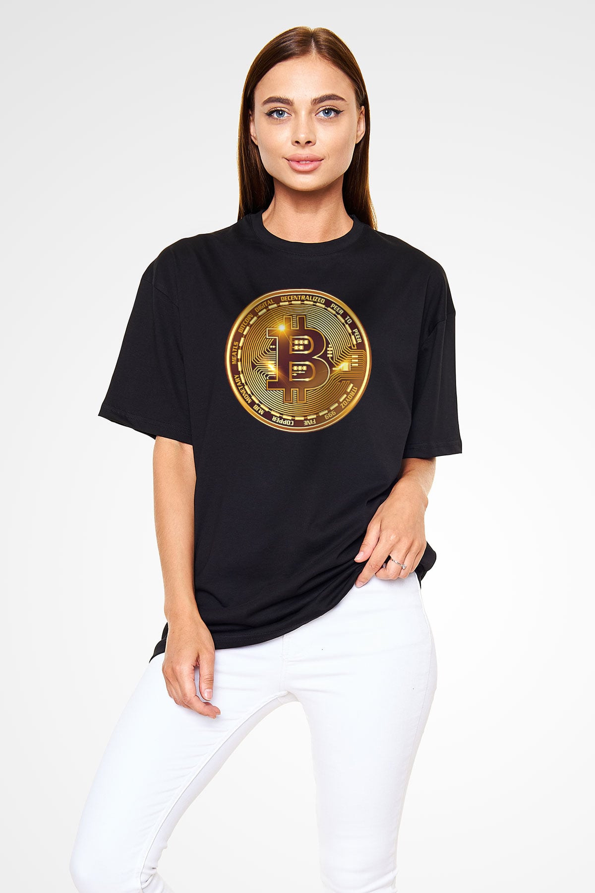 Bitcoin Baskılı Unisex Siyah Oversize Tişört - Tshirt