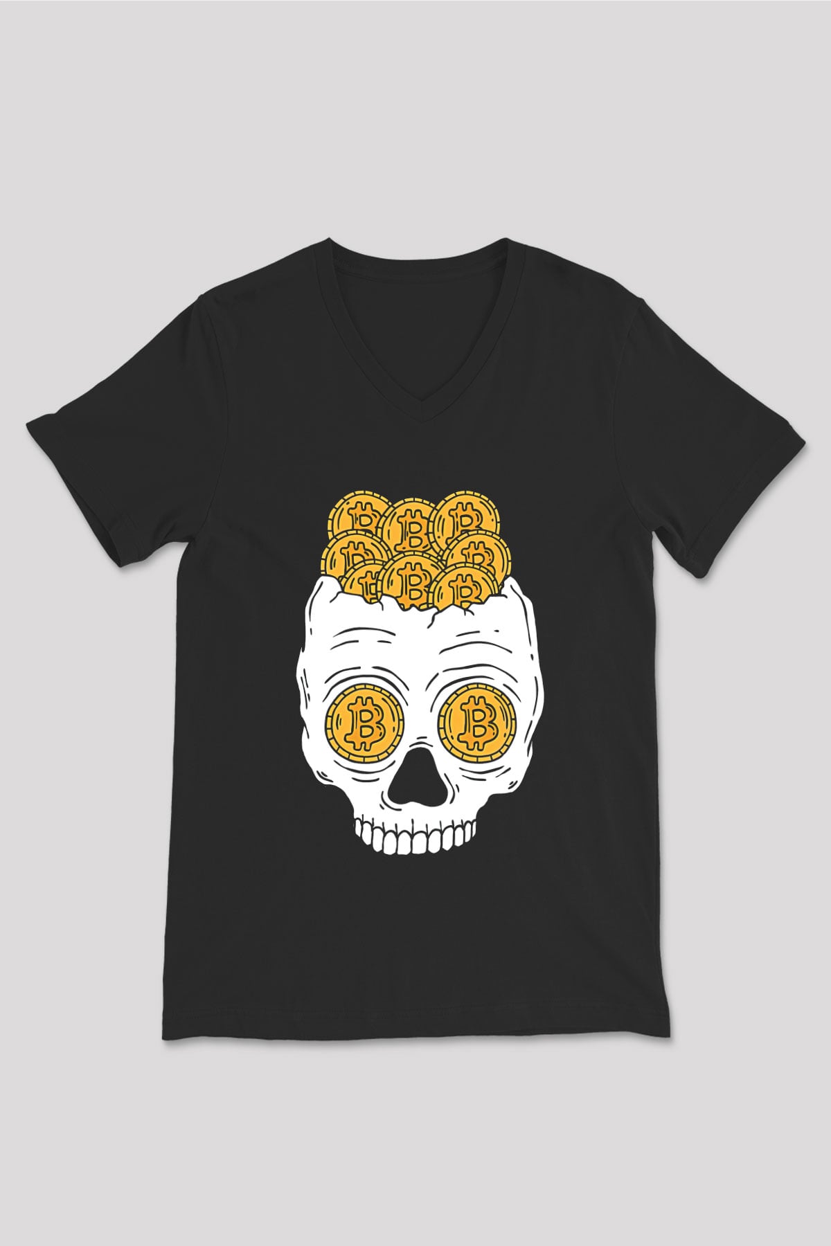 Bitcoin Baskılı Unisex Siyah V Yaka Tişört - Tshirt