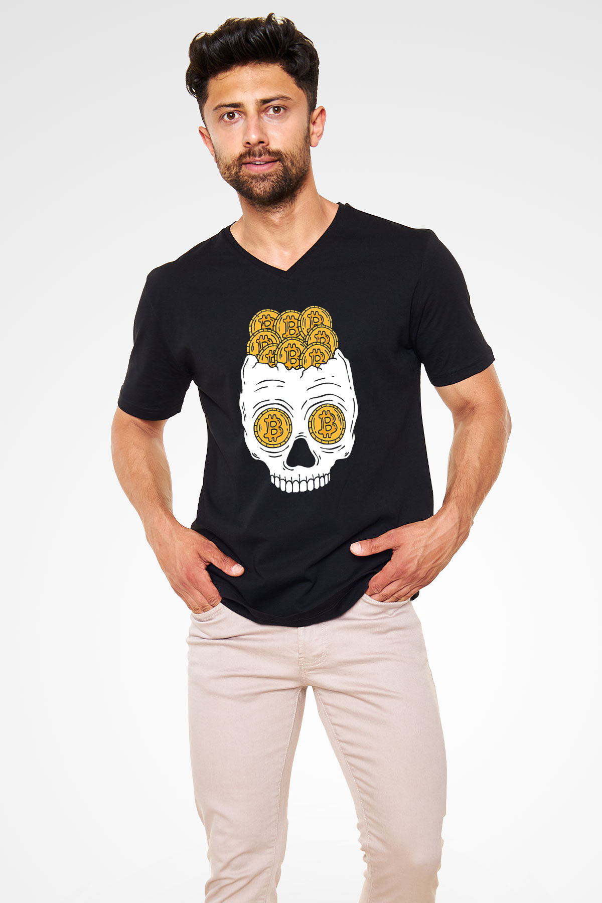 Bitcoin Baskılı Unisex Siyah V Yaka Tişört - Tshirt