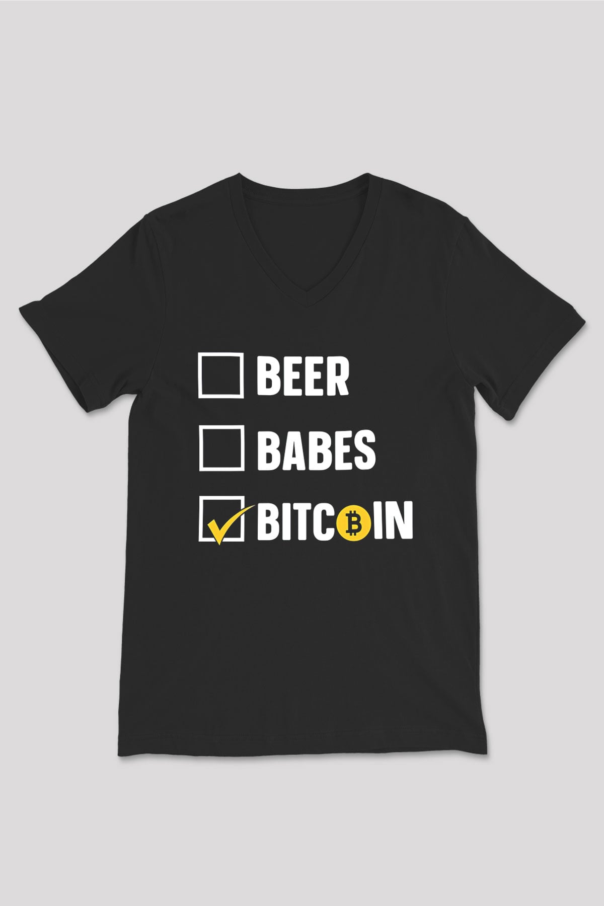 Bitcoin Baskılı Unisex Siyah V Yaka Tişört - Tshirt