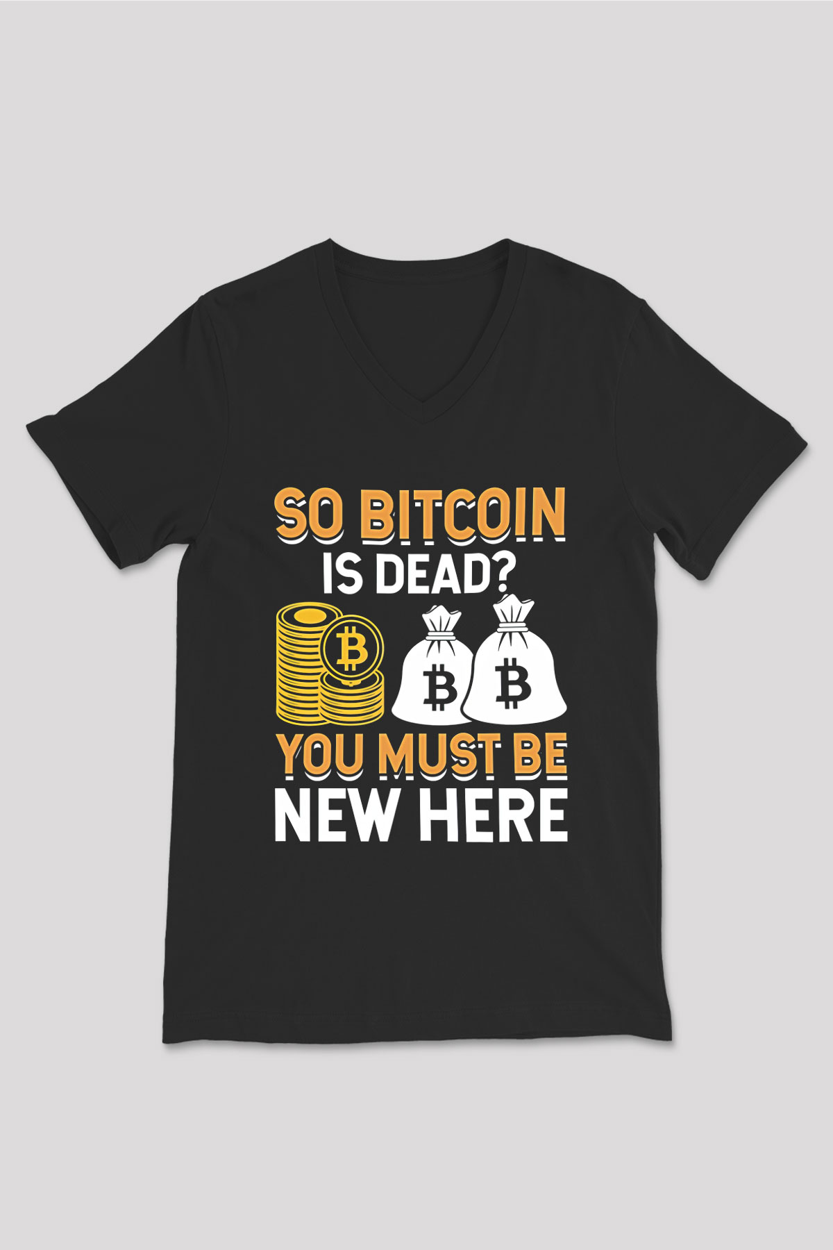Bitcoin Baskılı Unisex Siyah V Yaka Tişört - Tshirt