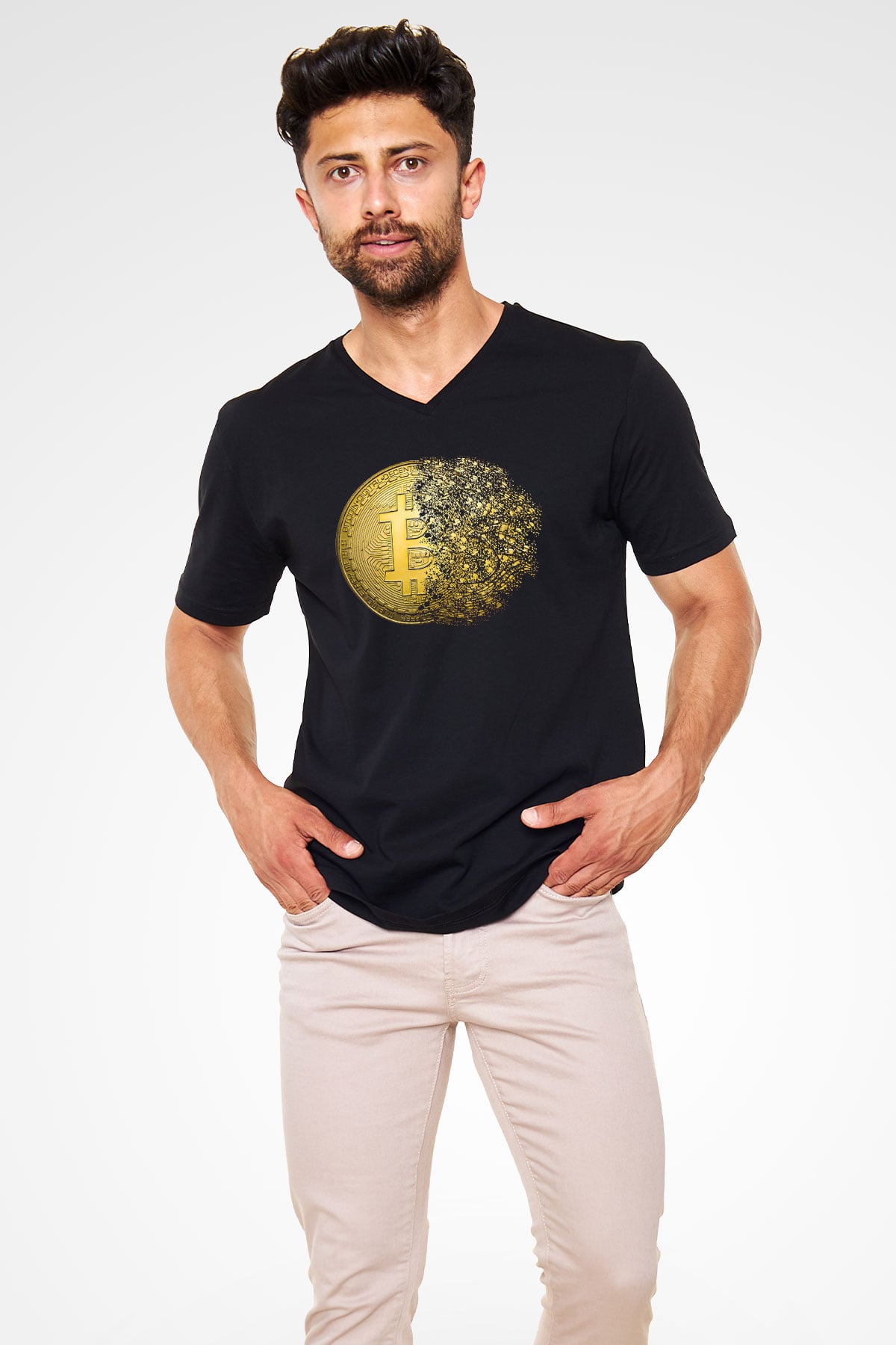 Bitcoin Baskılı Unisex Siyah V Yaka Tişört - Tshirt