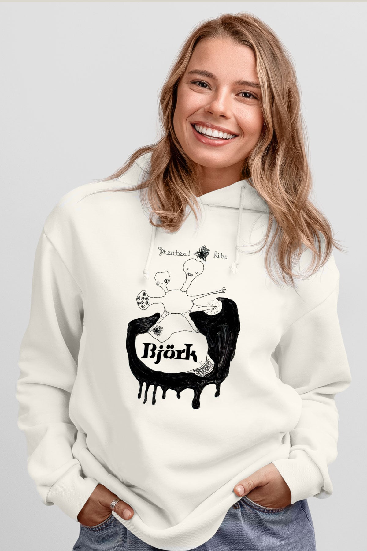 Björk Baskılı Beyaz Unisex Hoodie